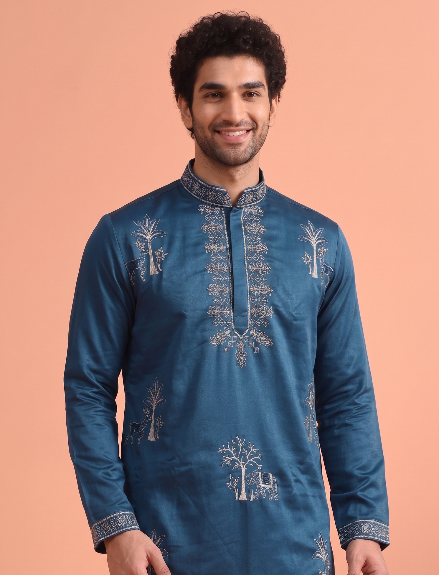 Teal Blue Embroidered Nio Satin Kurta Trouser Set