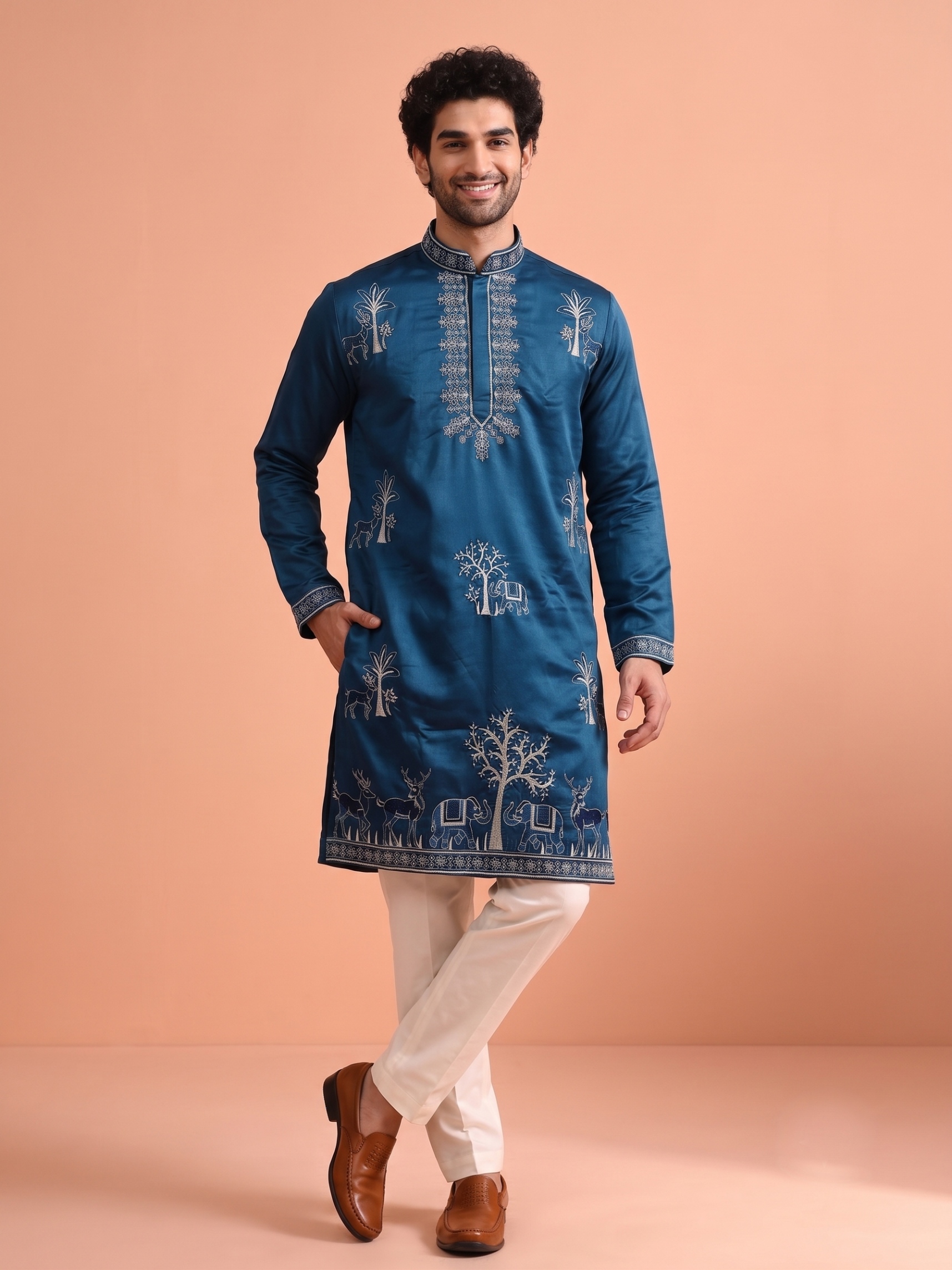 Teal Blue Embroidered Nio Satin Kurta Trouser Set