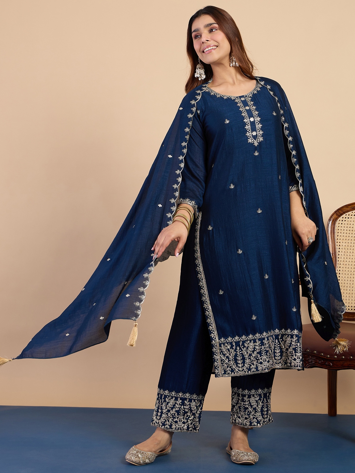 Teal Blue Embroidered Roman Silk Kurta Set