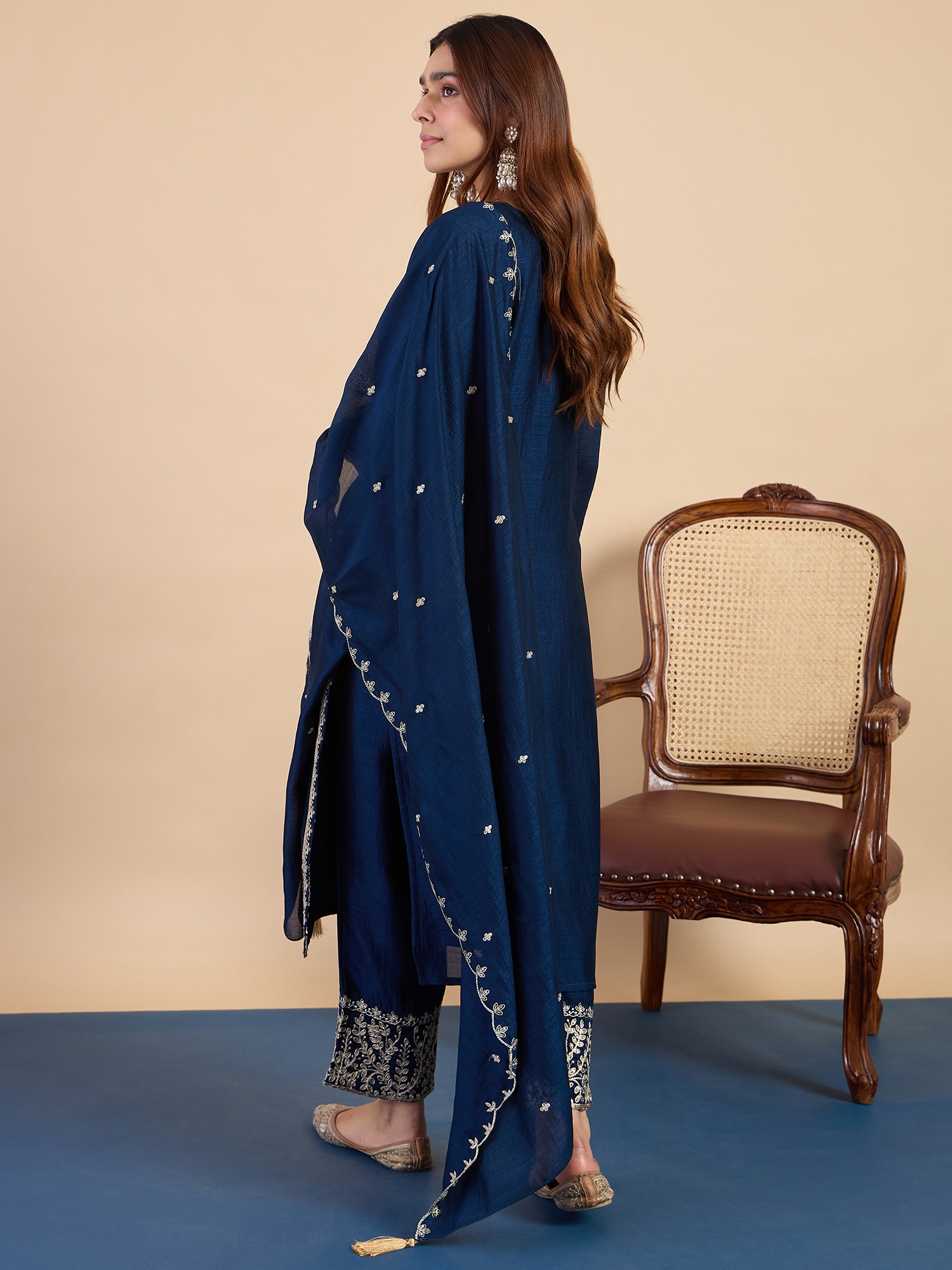 Teal Blue Embroidered Roman Silk Kurta Set — alternate view