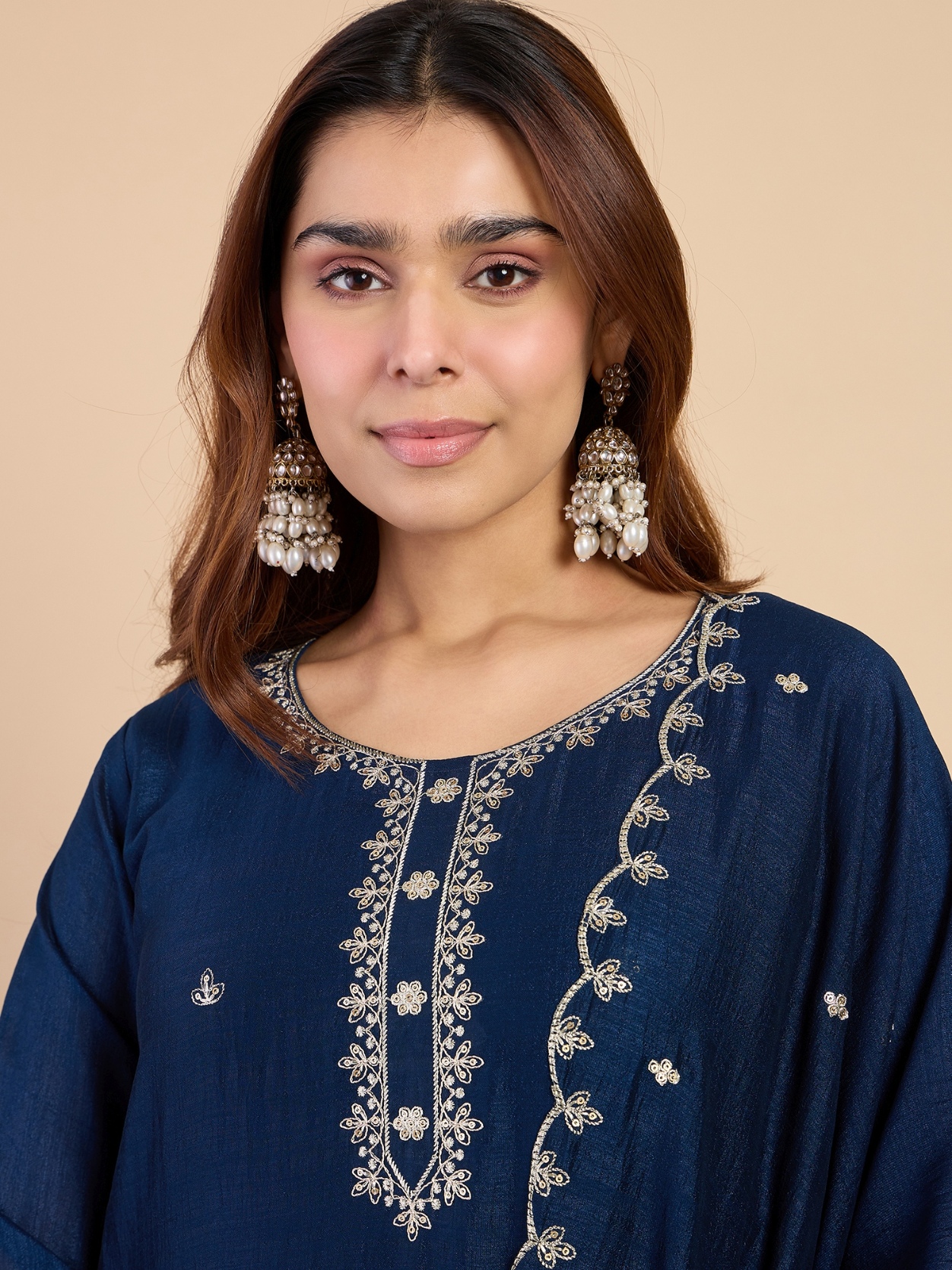 Teal Blue Embroidered Roman Silk Kurta Set