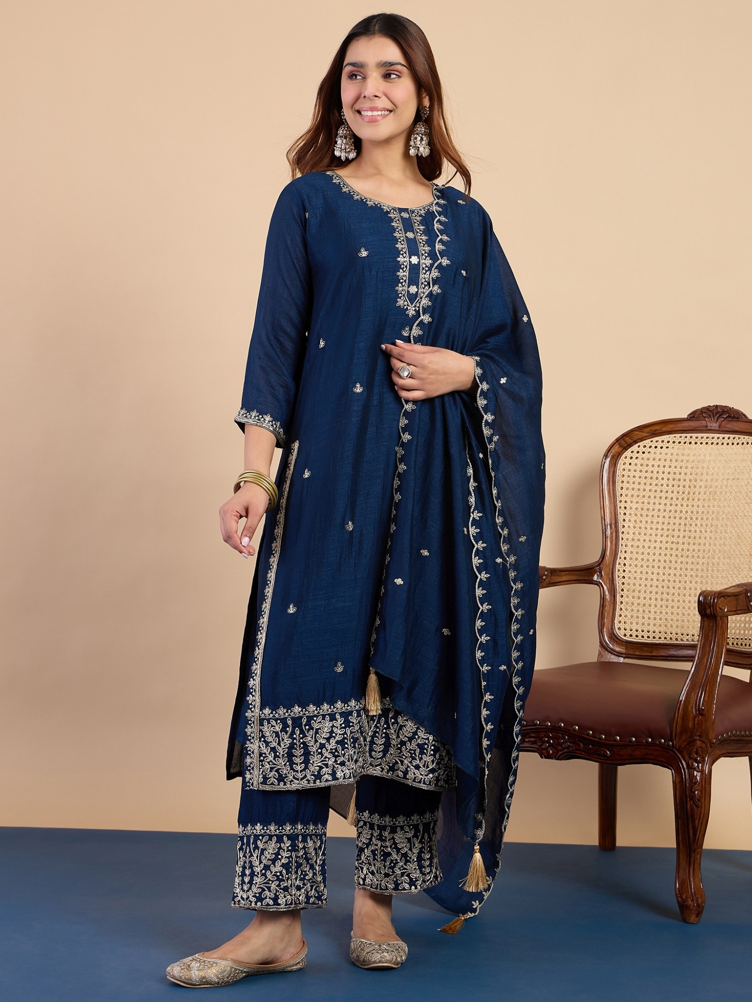 Teal Blue Embroidered Roman Silk Kurta Set
