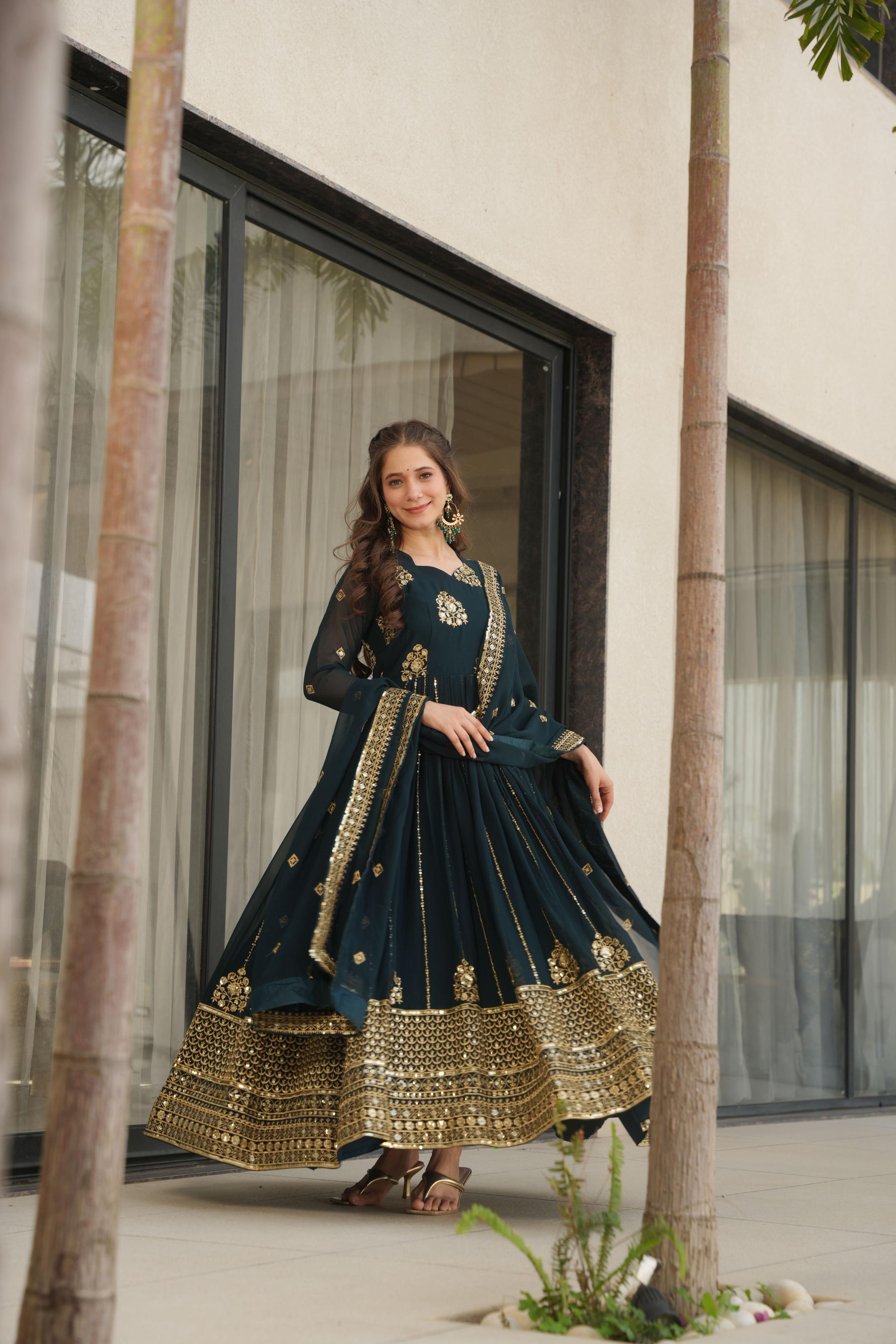 Teal Blue Faux Georgette Jari Embroidery Gown