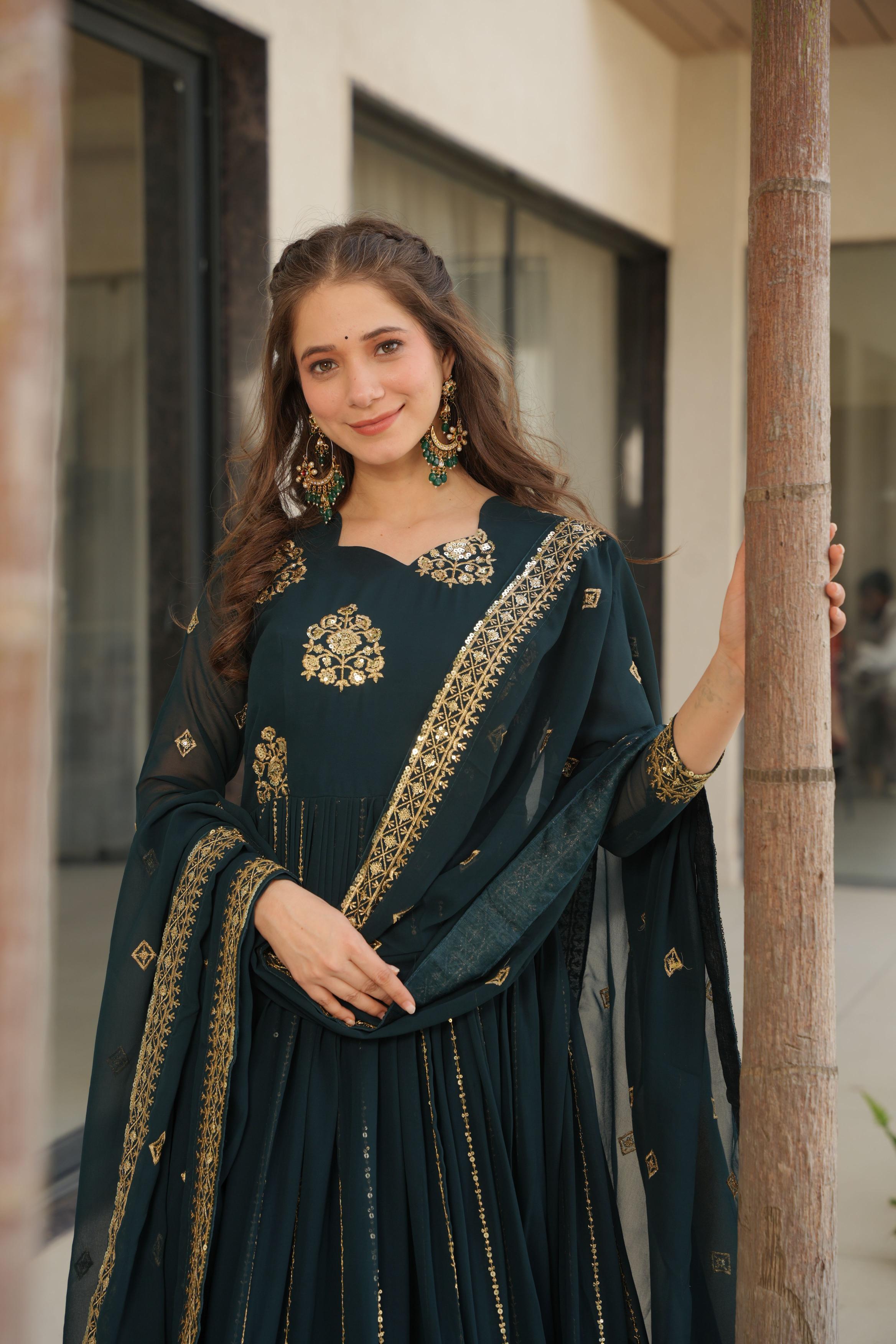 Teal Blue Faux Georgette Jari Embroidery Gown — alternate view