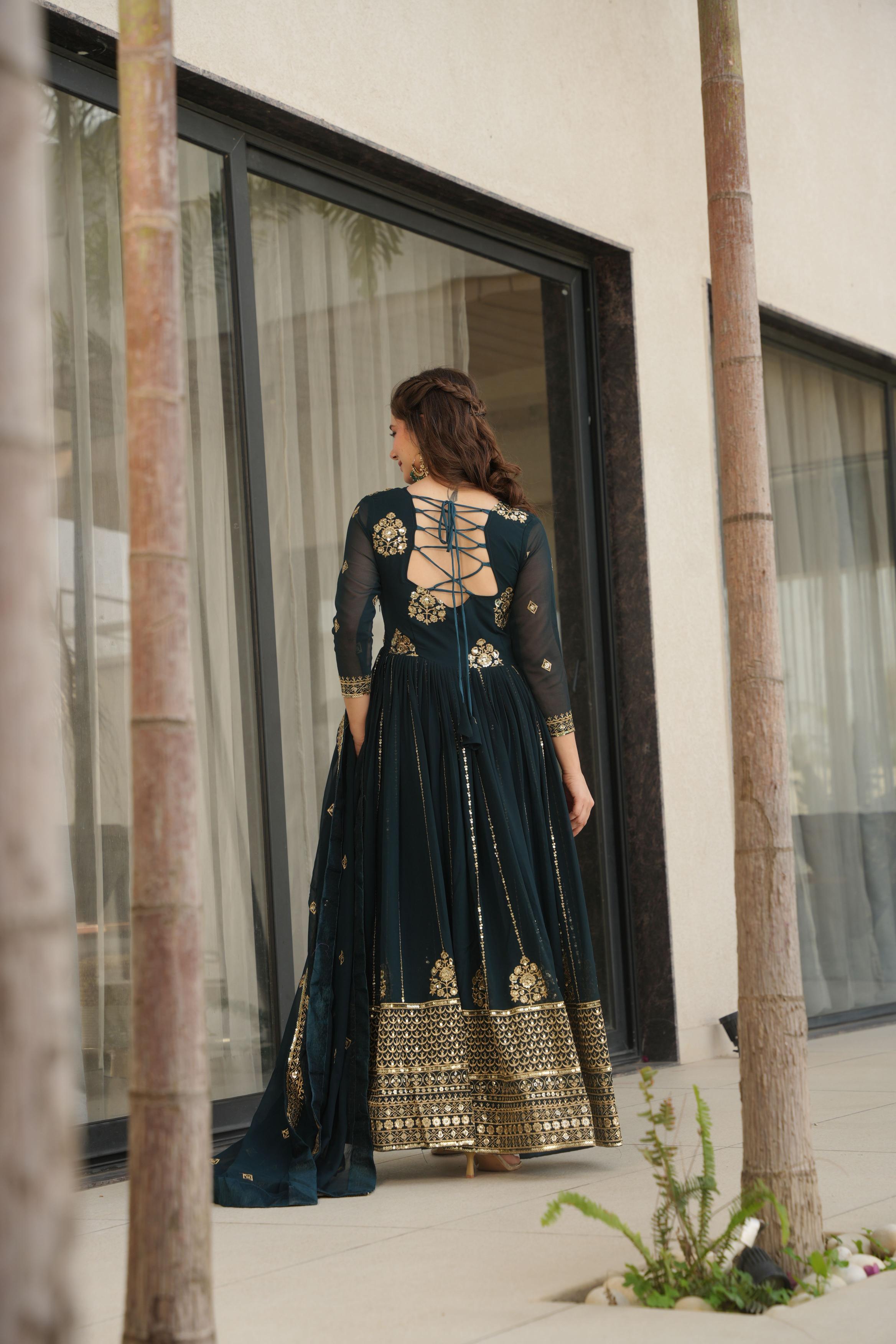 Teal Blue Faux Georgette Jari Embroidery Gown