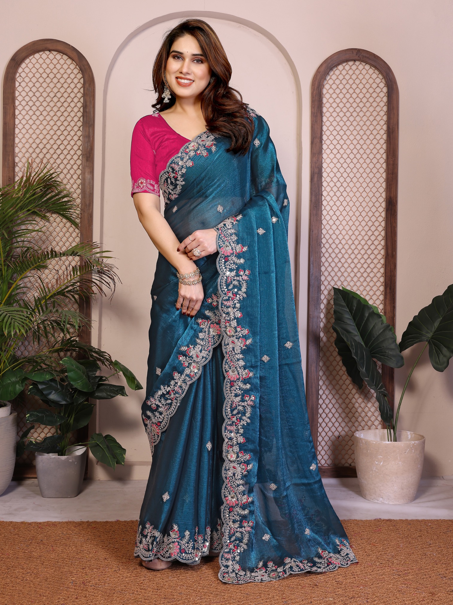 Teal Blue Festive Embroidered Fendy Chiffon Saree with Art Silk Blouse