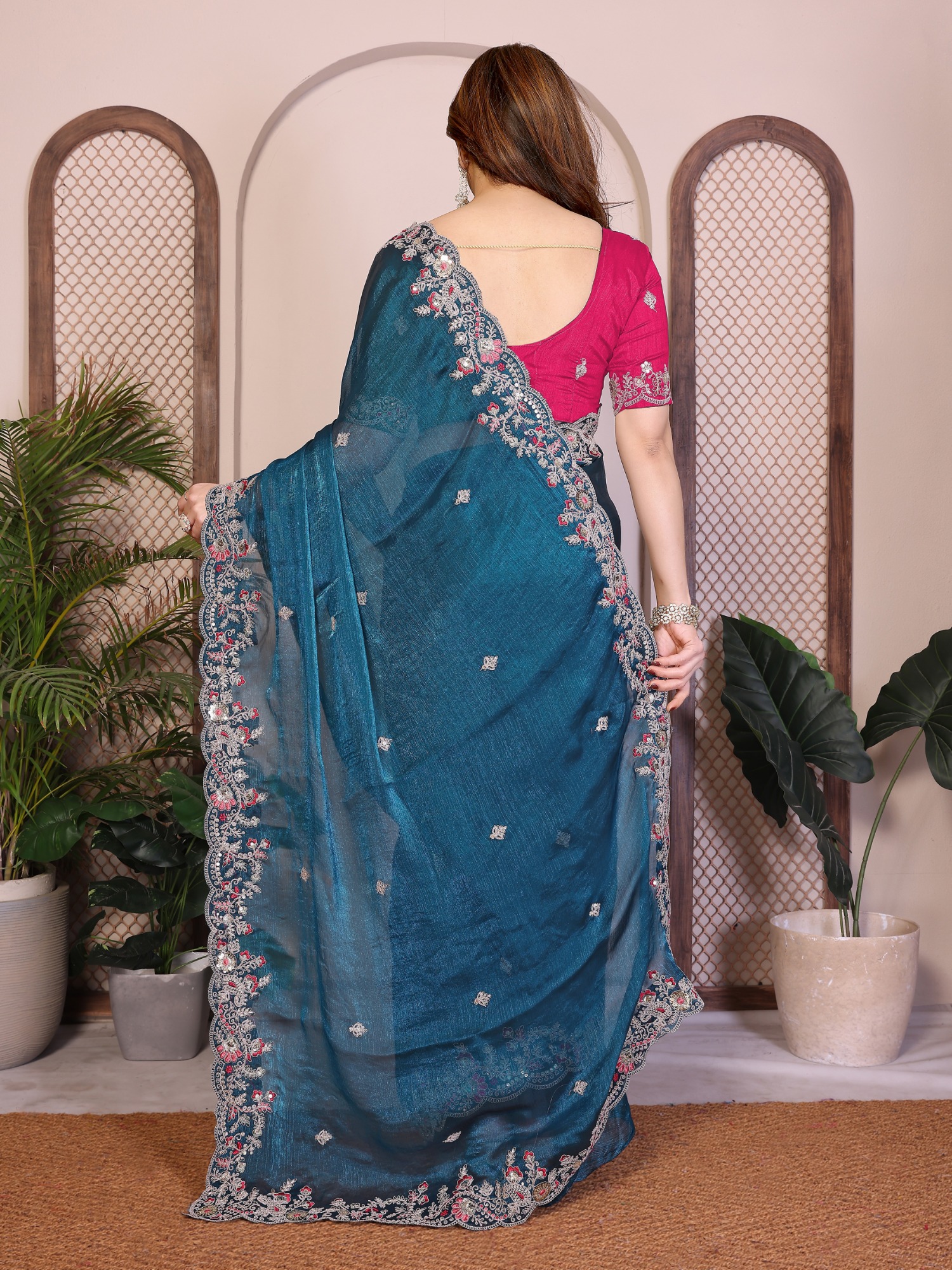 Teal Blue Festive Embroidered Fendy Chiffon Saree with Art Silk Blouse — alternate view