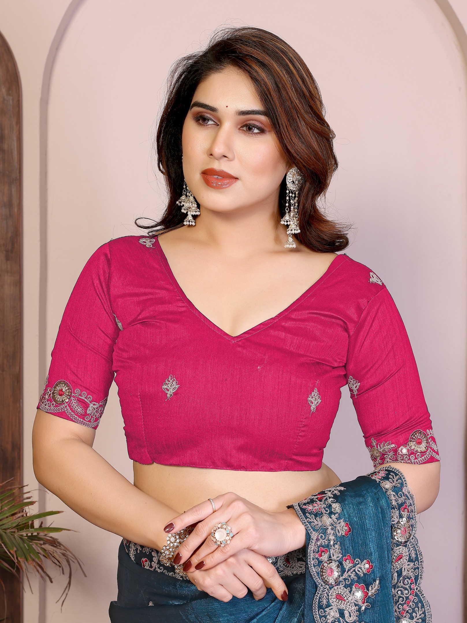 Teal Blue Festive Embroidered Fendy Chiffon Saree with Art Silk Blouse