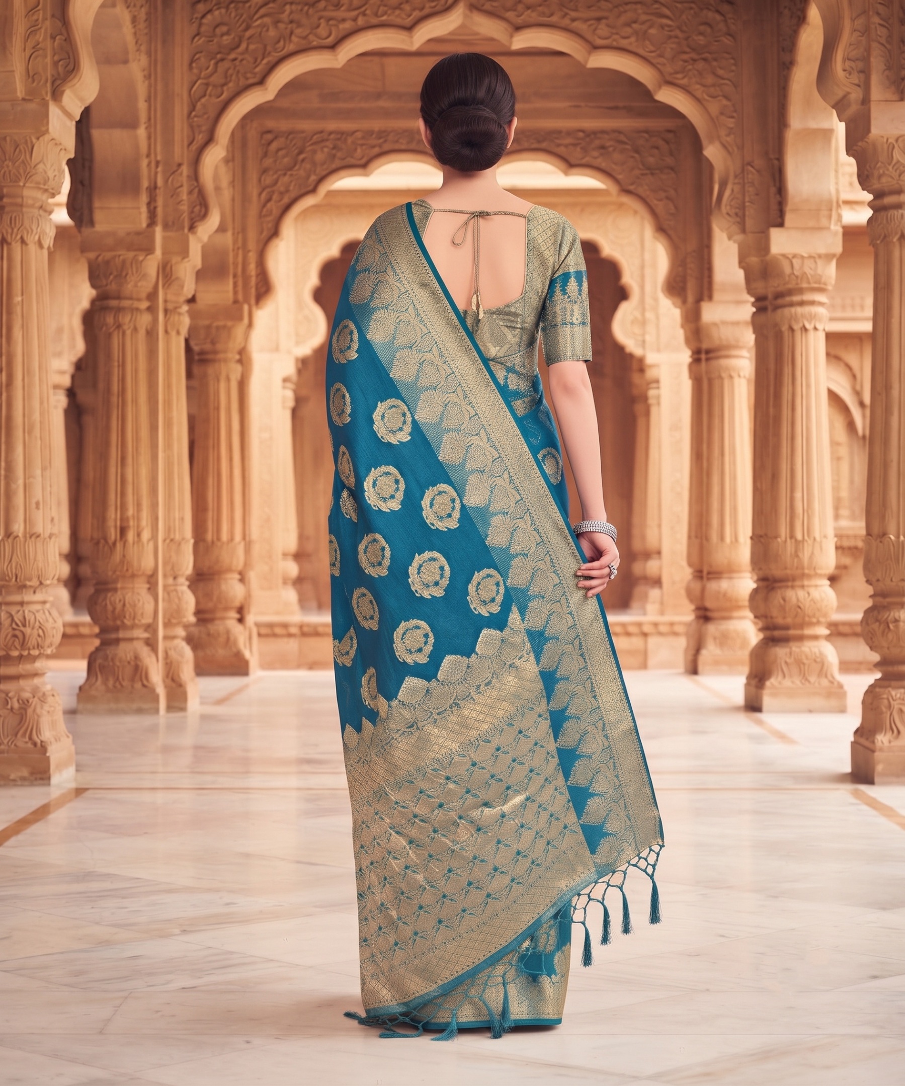 Teal Blue Floral Buti Zari Woven Fendy Satin Saree