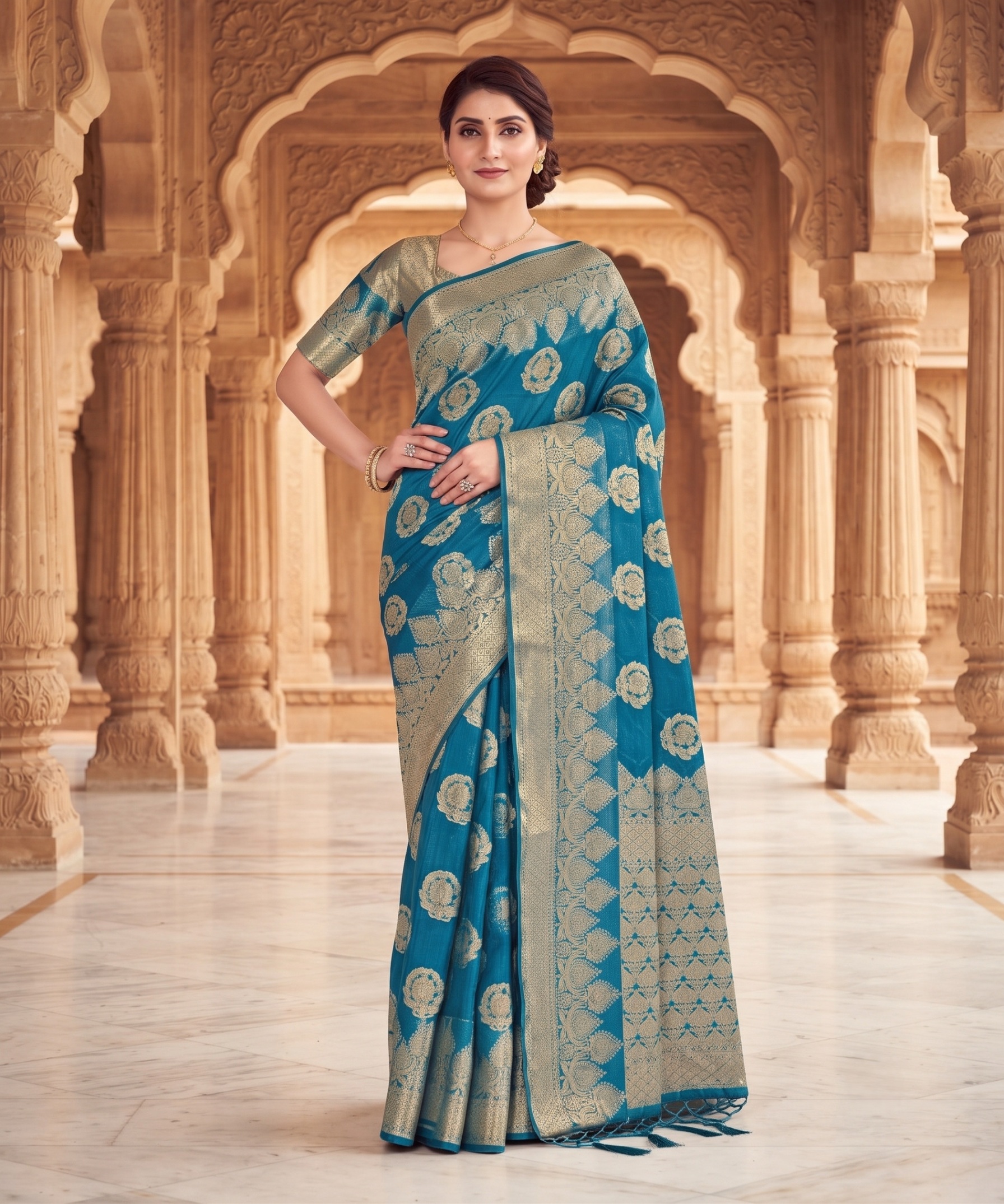Teal Blue Floral Buti Zari Woven Fendy Satin Saree