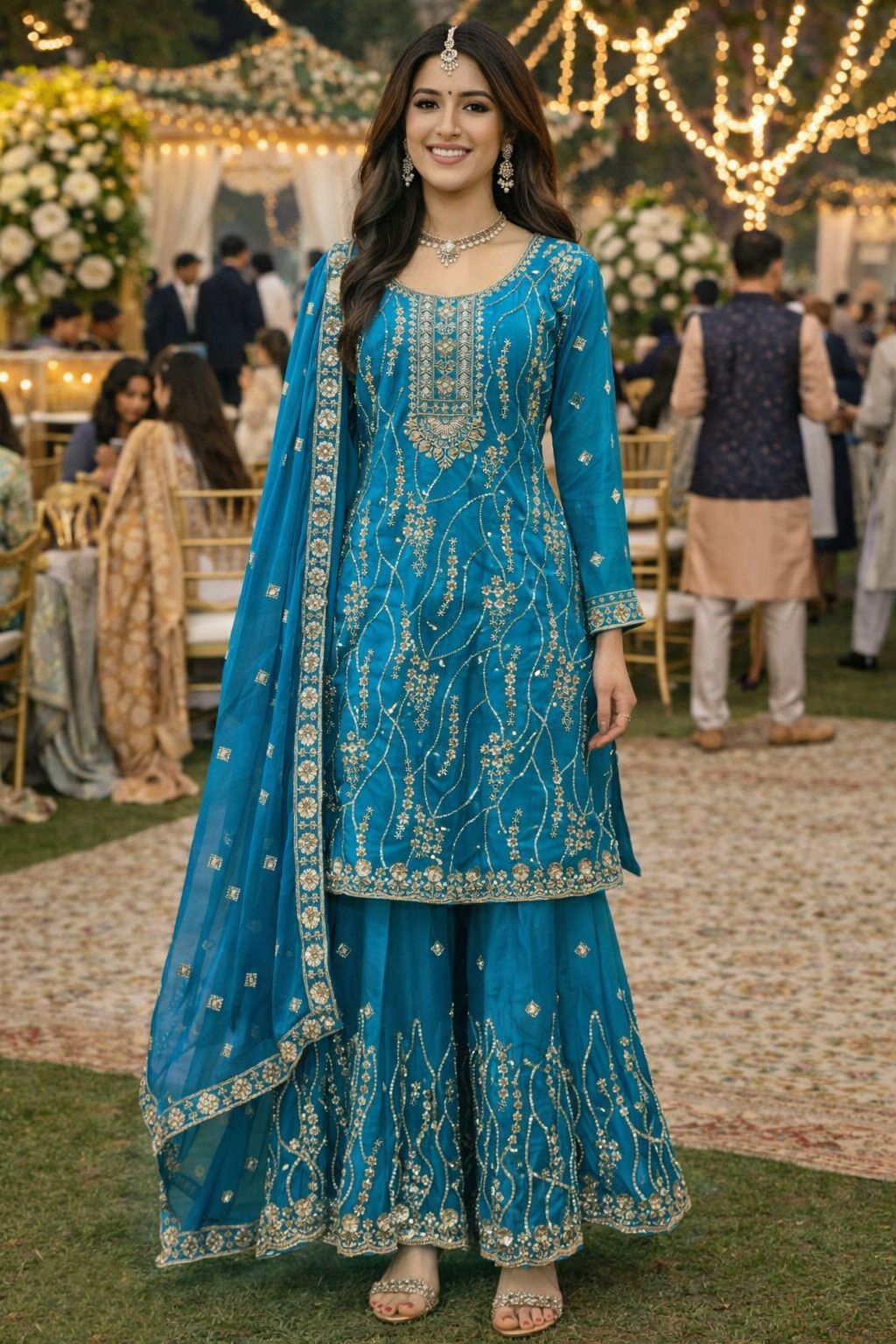 Teal Blue Floral Designer Embroidery Fendy Silk Sharara Suit