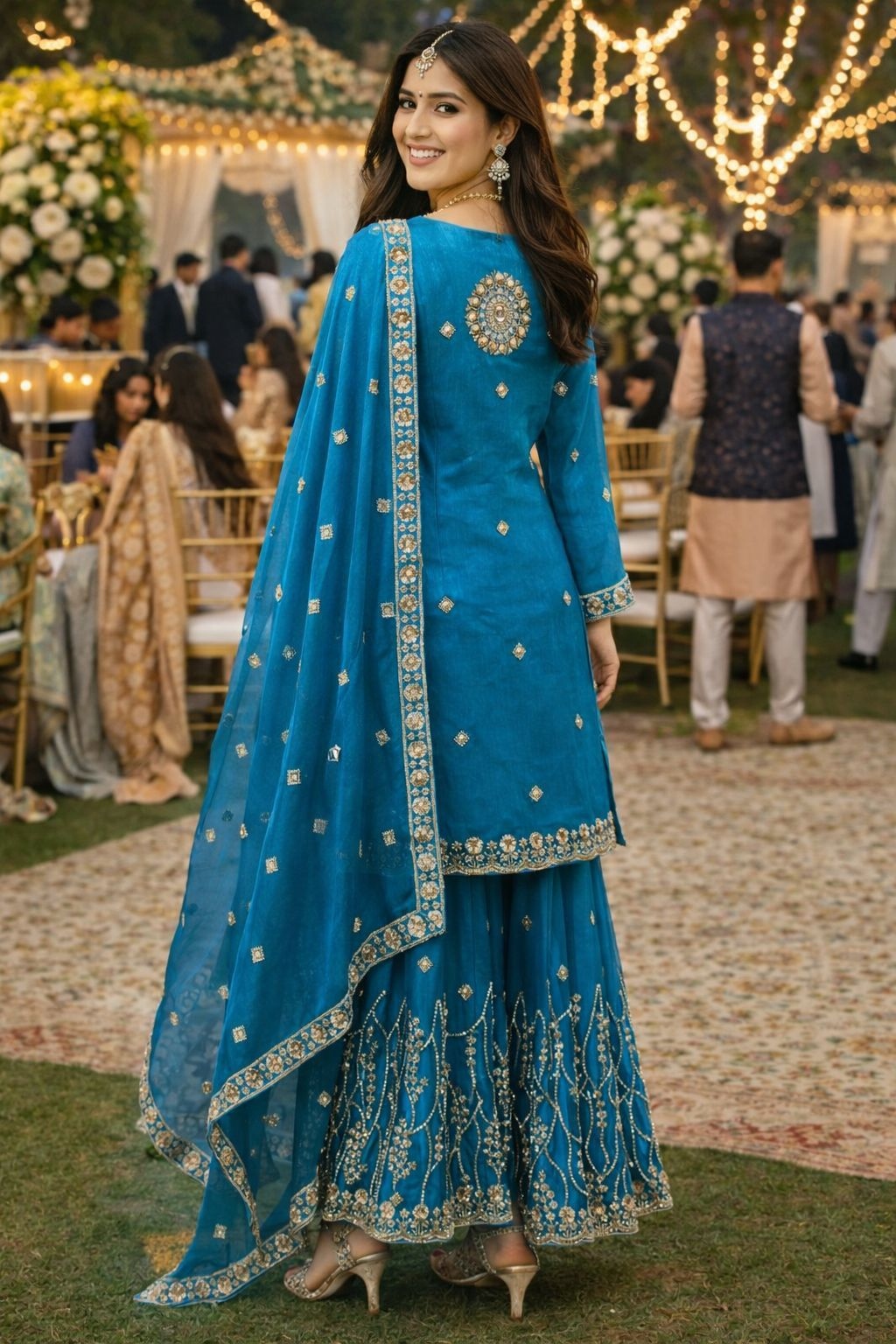 Teal Blue Floral Designer Embroidery Fendy Silk Sharara Suit — alternate view