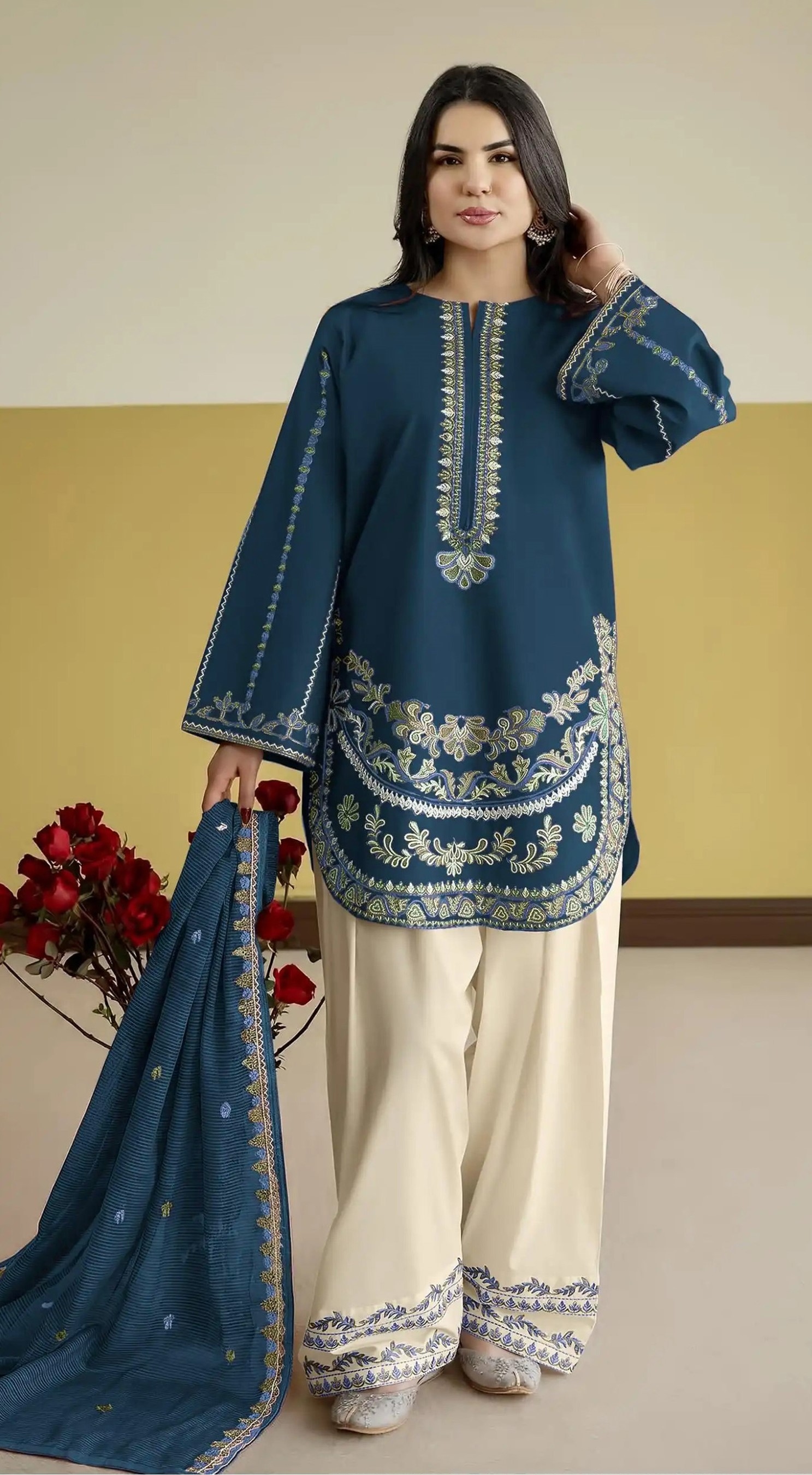 Teal Blue Floral Embroidery Roman Silk Palazzo Suit