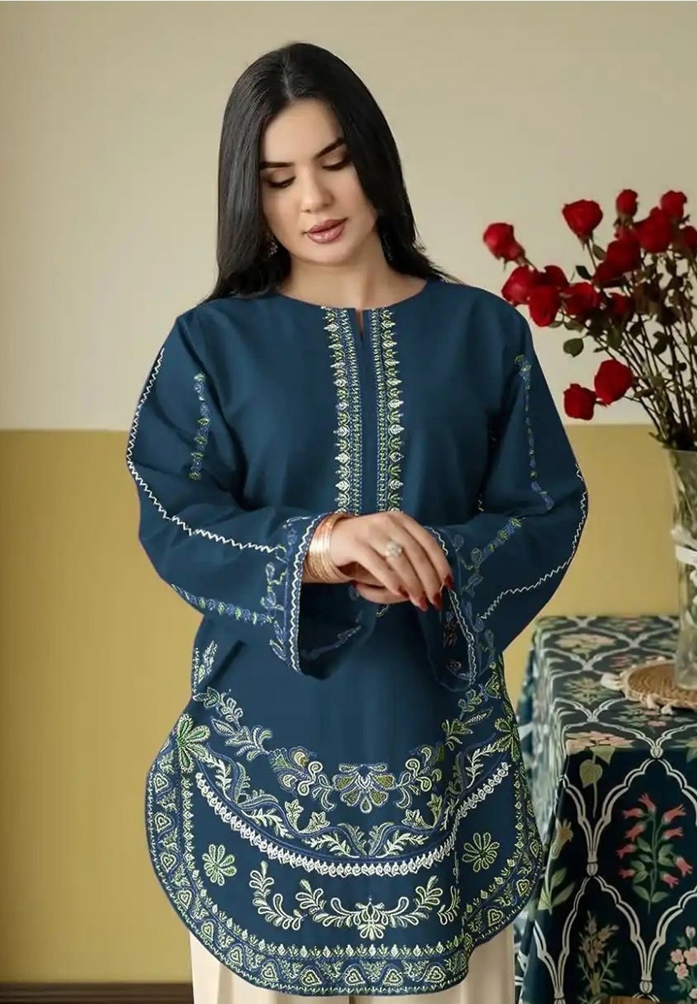 Teal Blue Floral Embroidery Roman Silk Palazzo Suit — alternate view