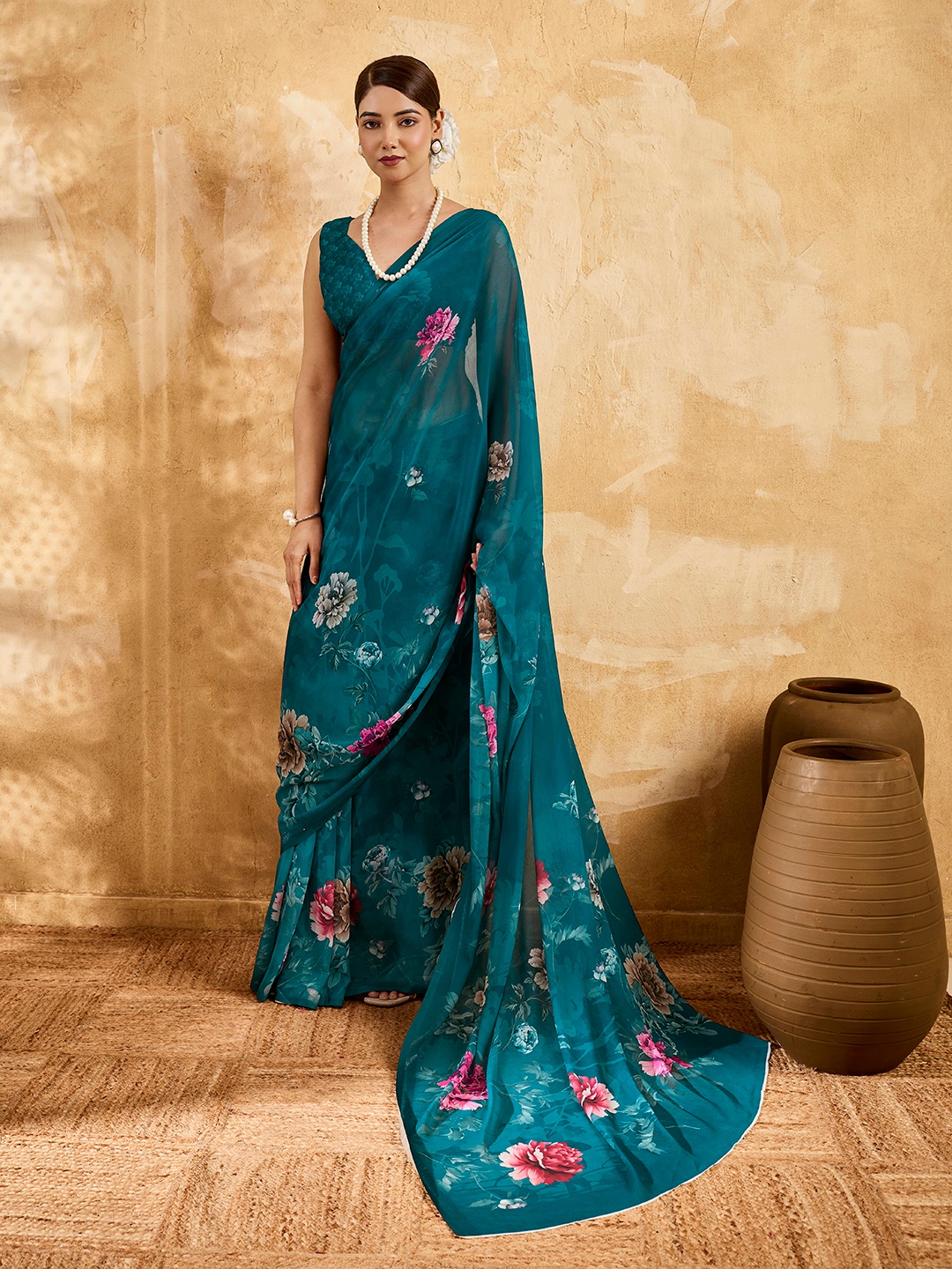 Teal Blue Floral Printed Chiffon Saree