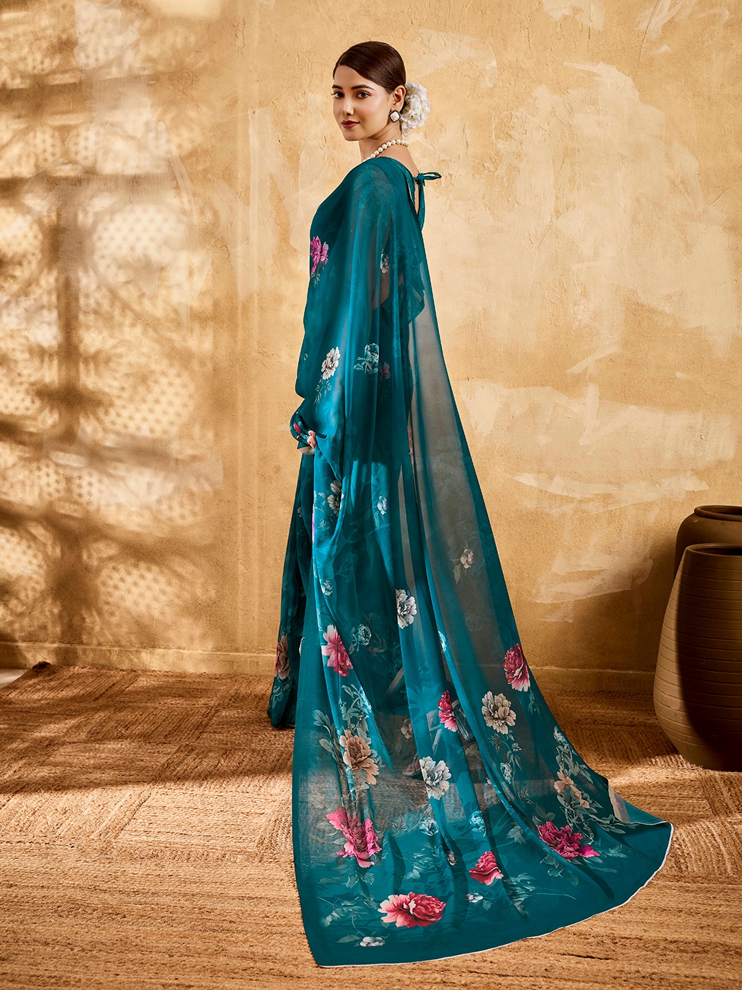 Teal Blue Floral Printed Chiffon Saree — alternate view