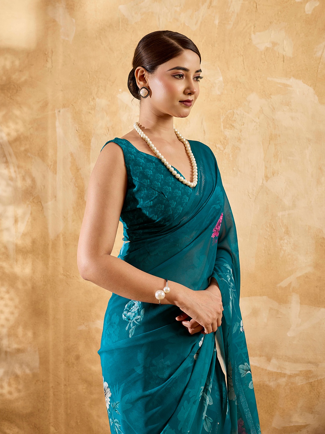 Teal Blue Floral Printed Chiffon Saree