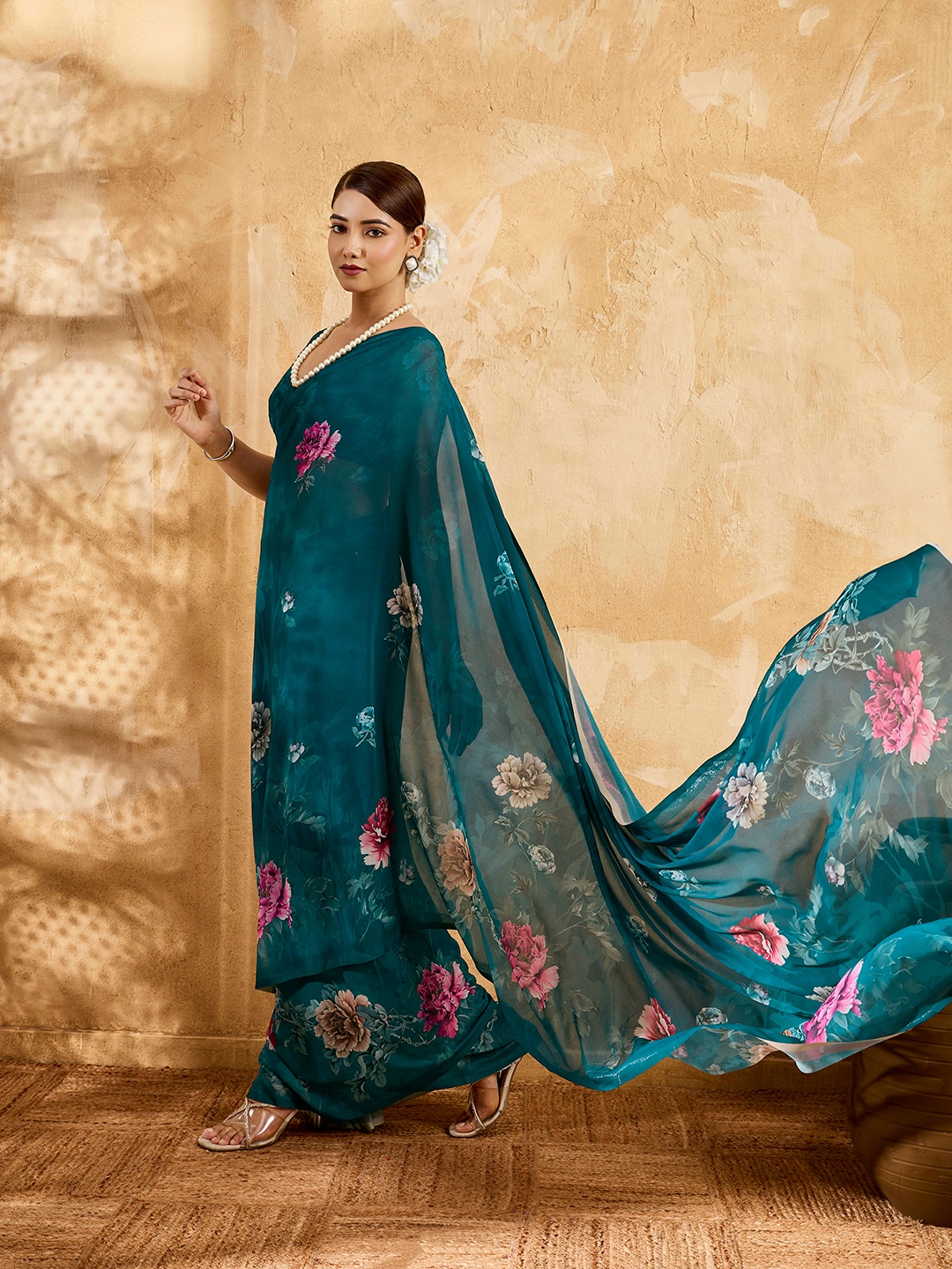 Teal Blue Floral Printed Chiffon Saree