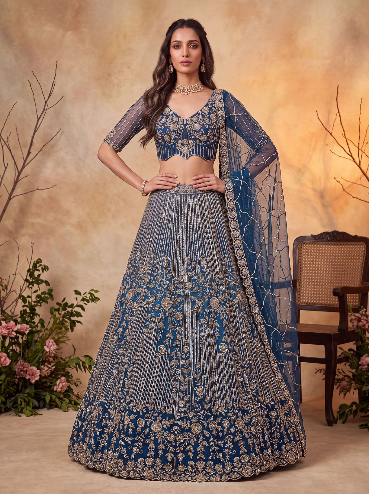 Teal Blue Floral Sequined Net Scalloped Lehenga Choli