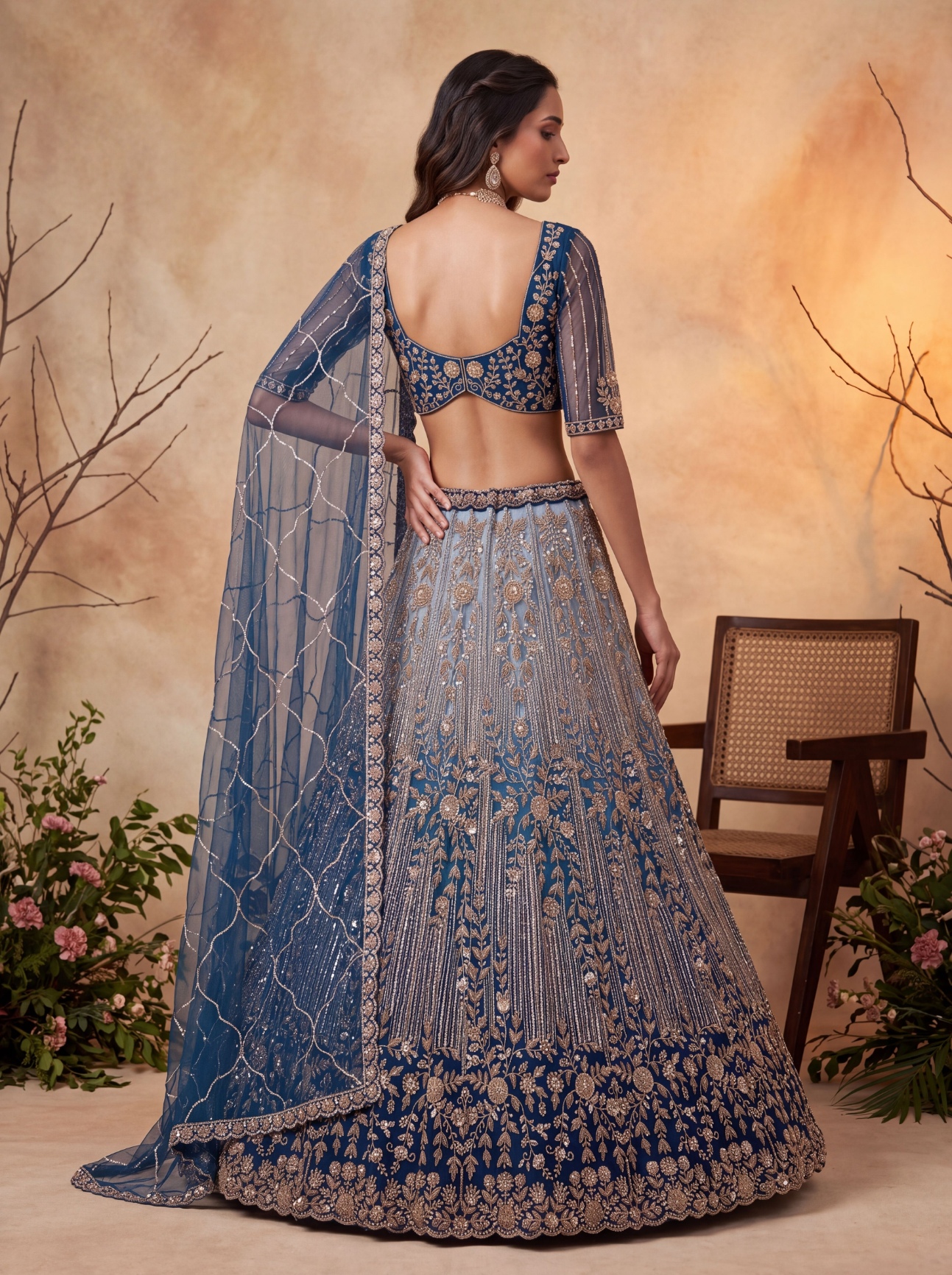 Teal Blue Floral Sequined Net Scalloped Lehenga Choli — alternate view