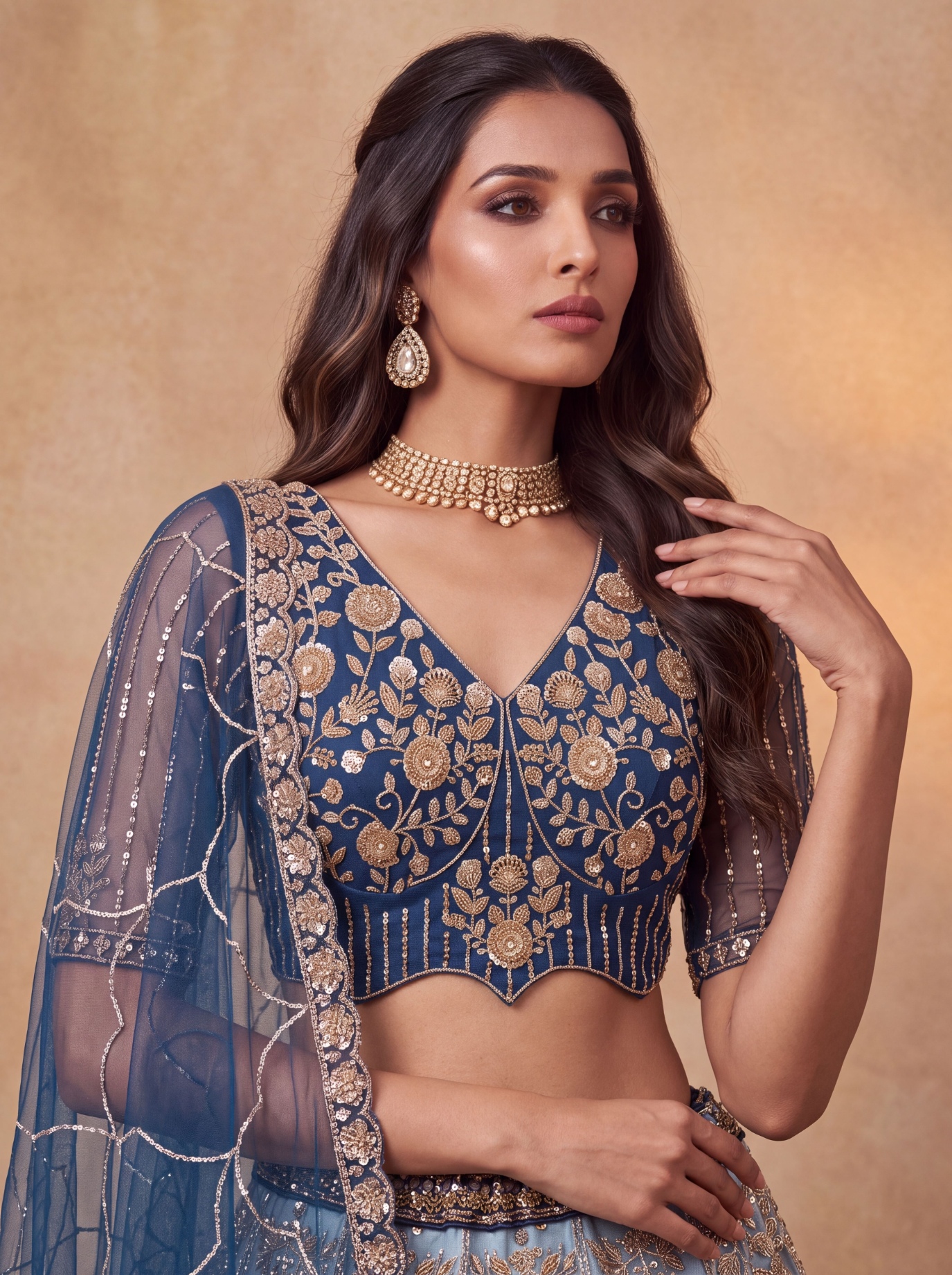 Teal Blue Floral Sequined Net Scalloped Lehenga Choli