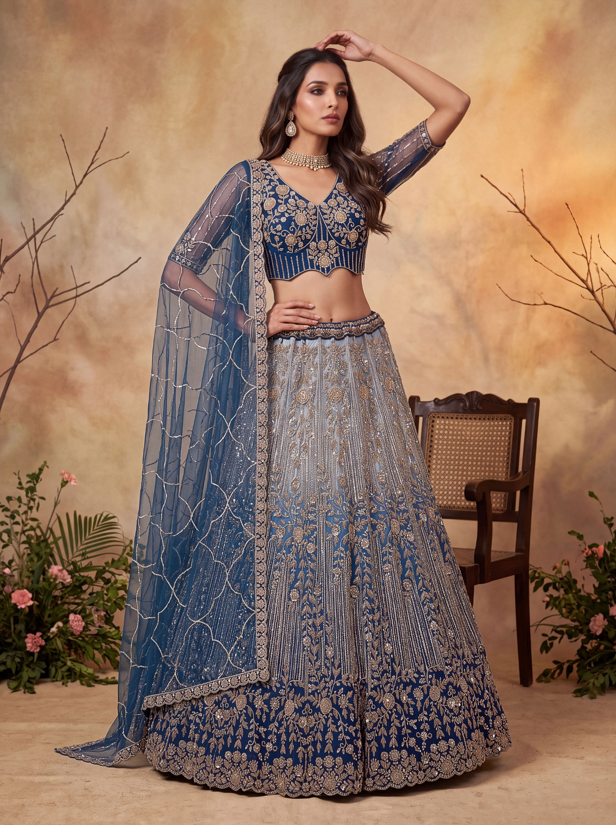 Teal Blue Floral Sequined Net Scalloped Lehenga Choli