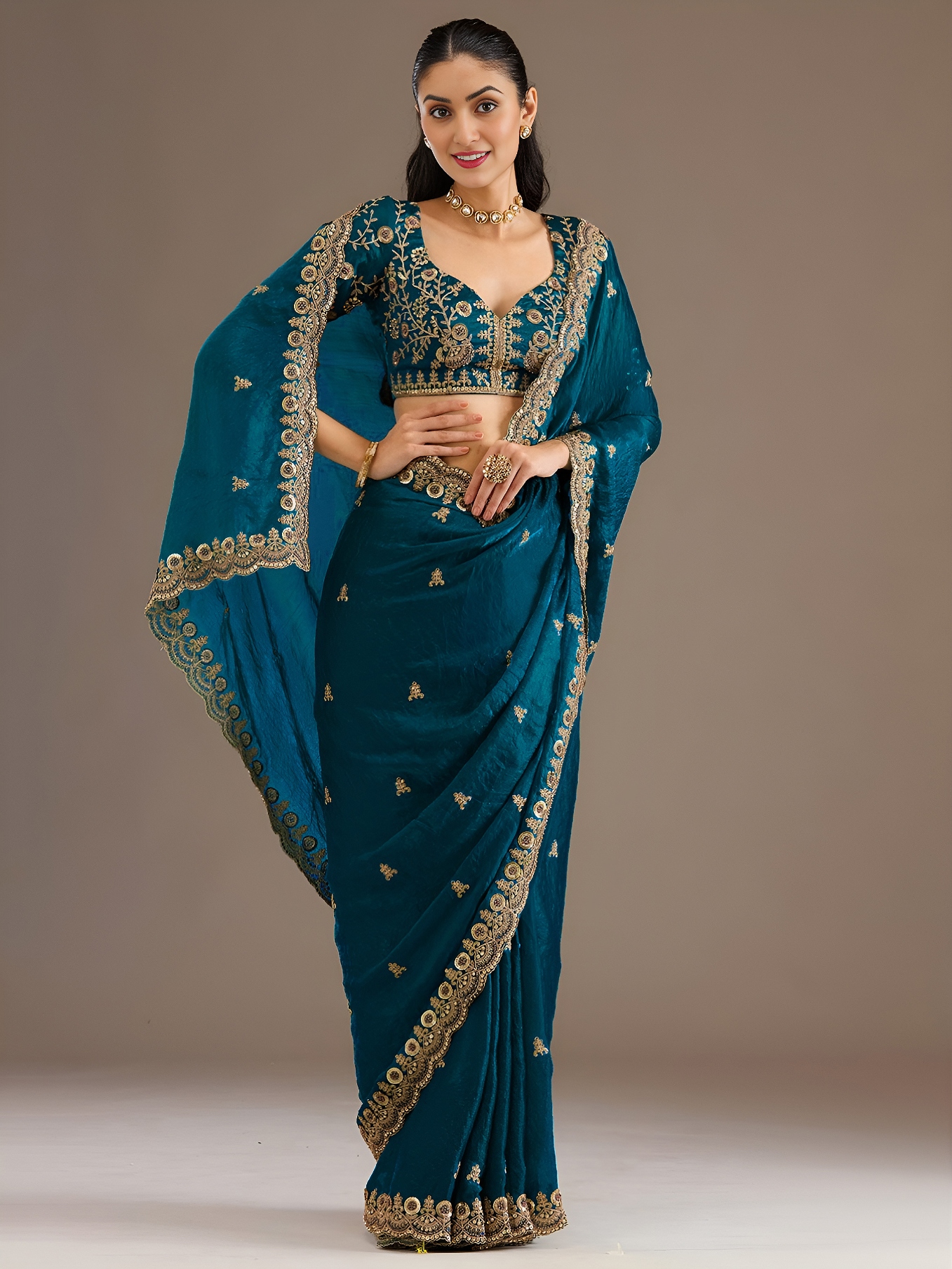 Teal Blue Floral Zari Embroidery Tissue Saree