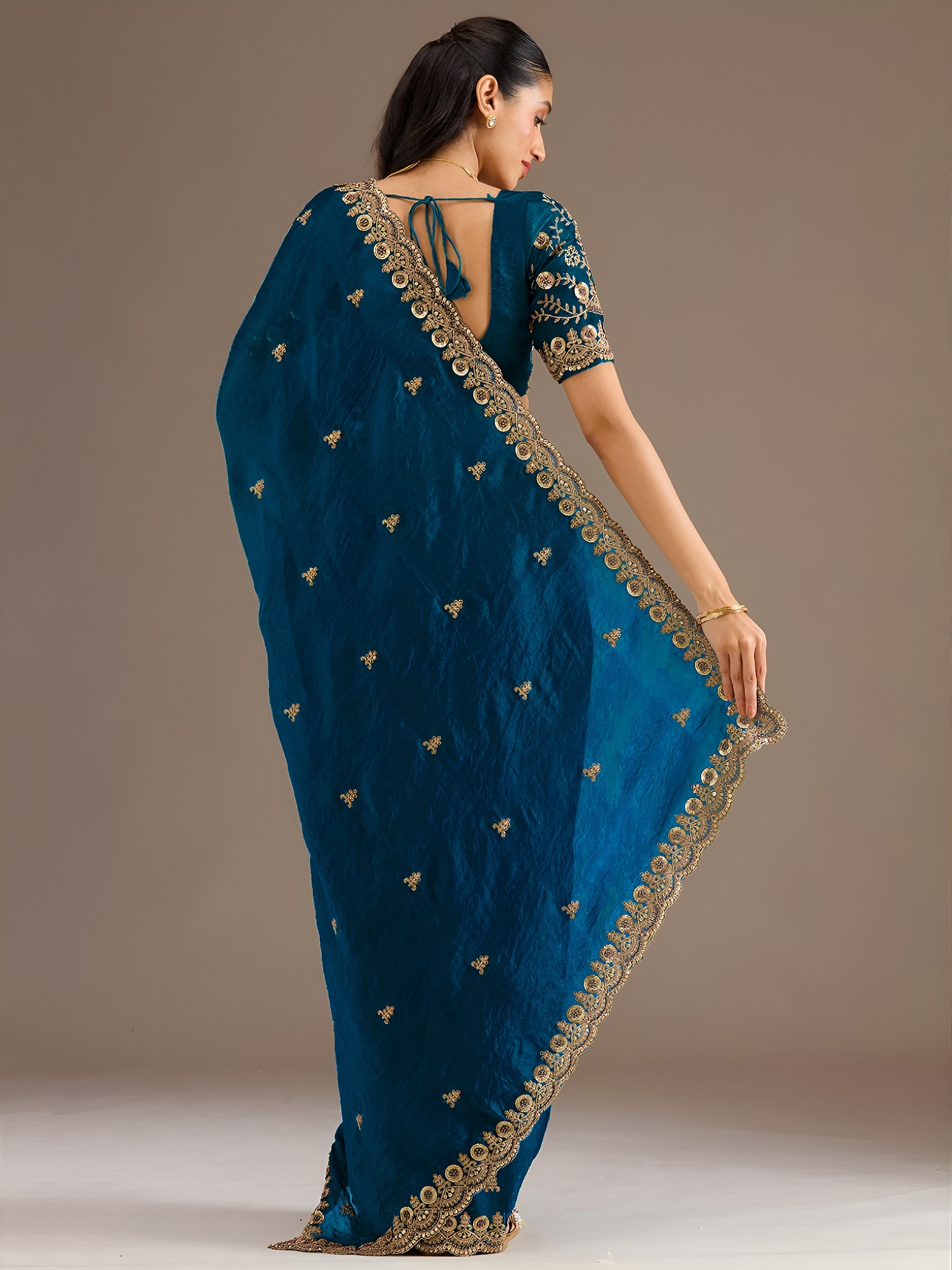 Teal Blue Floral Zari Embroidery Tissue Saree — alternate view