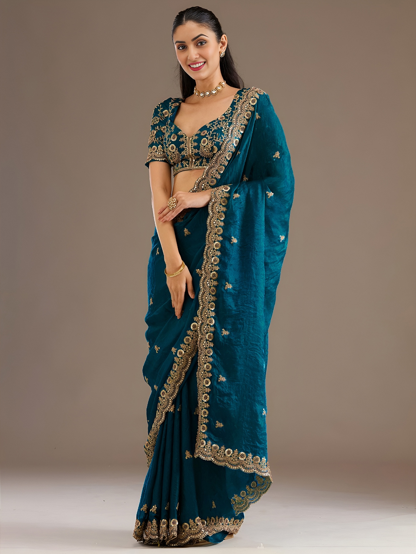 Teal Blue Floral Zari Embroidery Tissue Saree