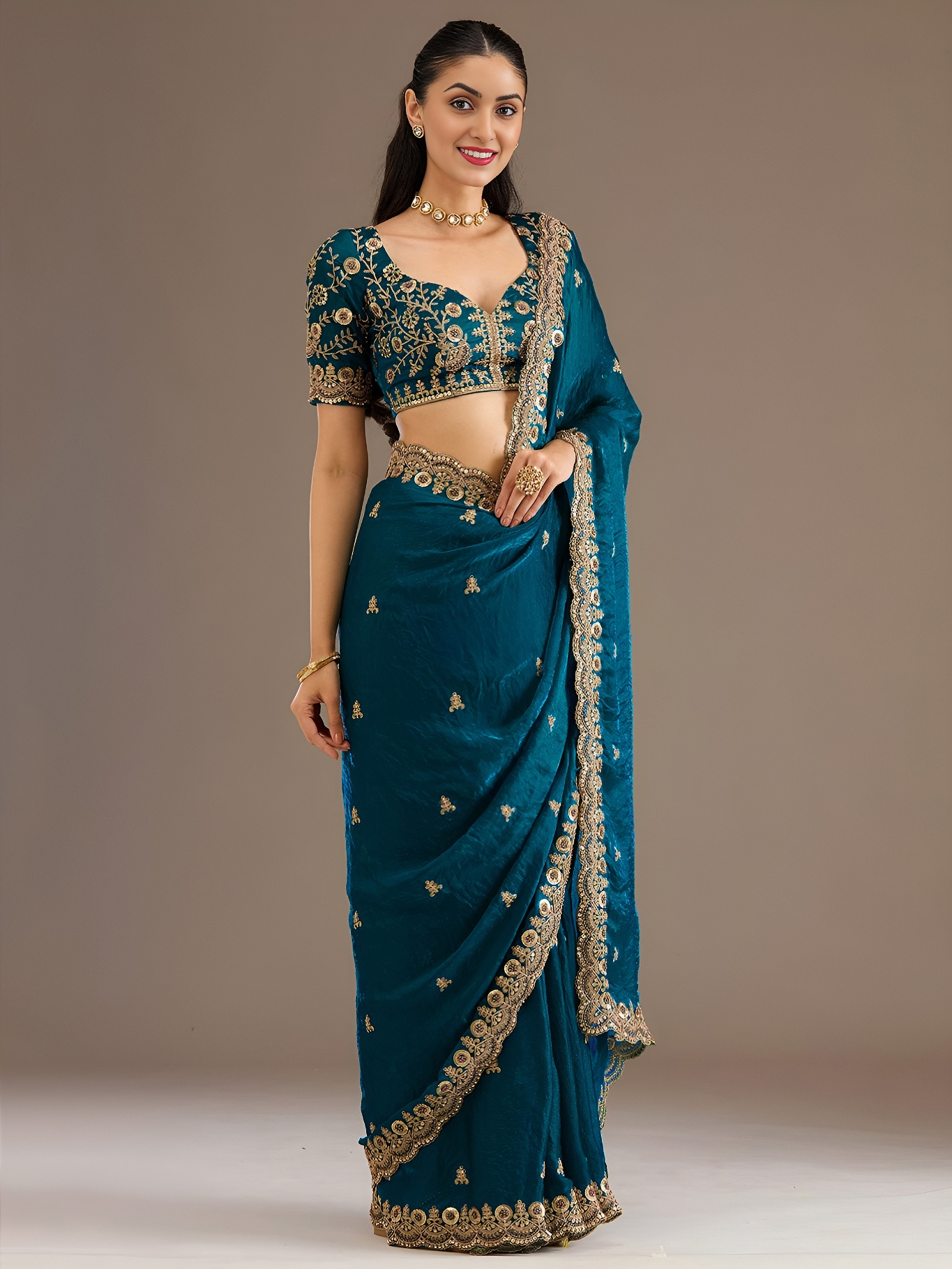 Teal Blue Floral Zari Embroidery Tissue Saree