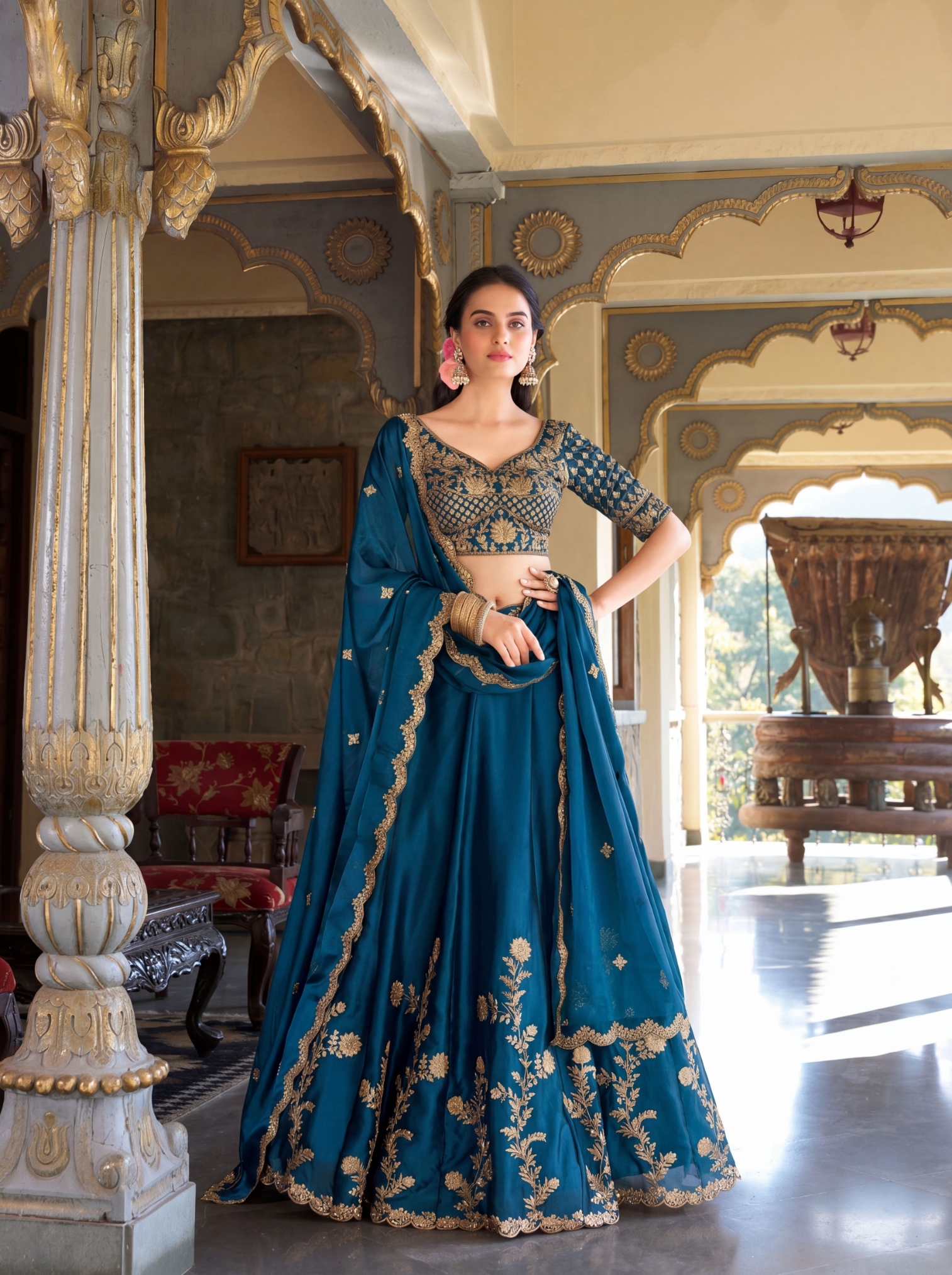 Teal Blue Floral Zari Work Rangoli Silk Lehenga Choli