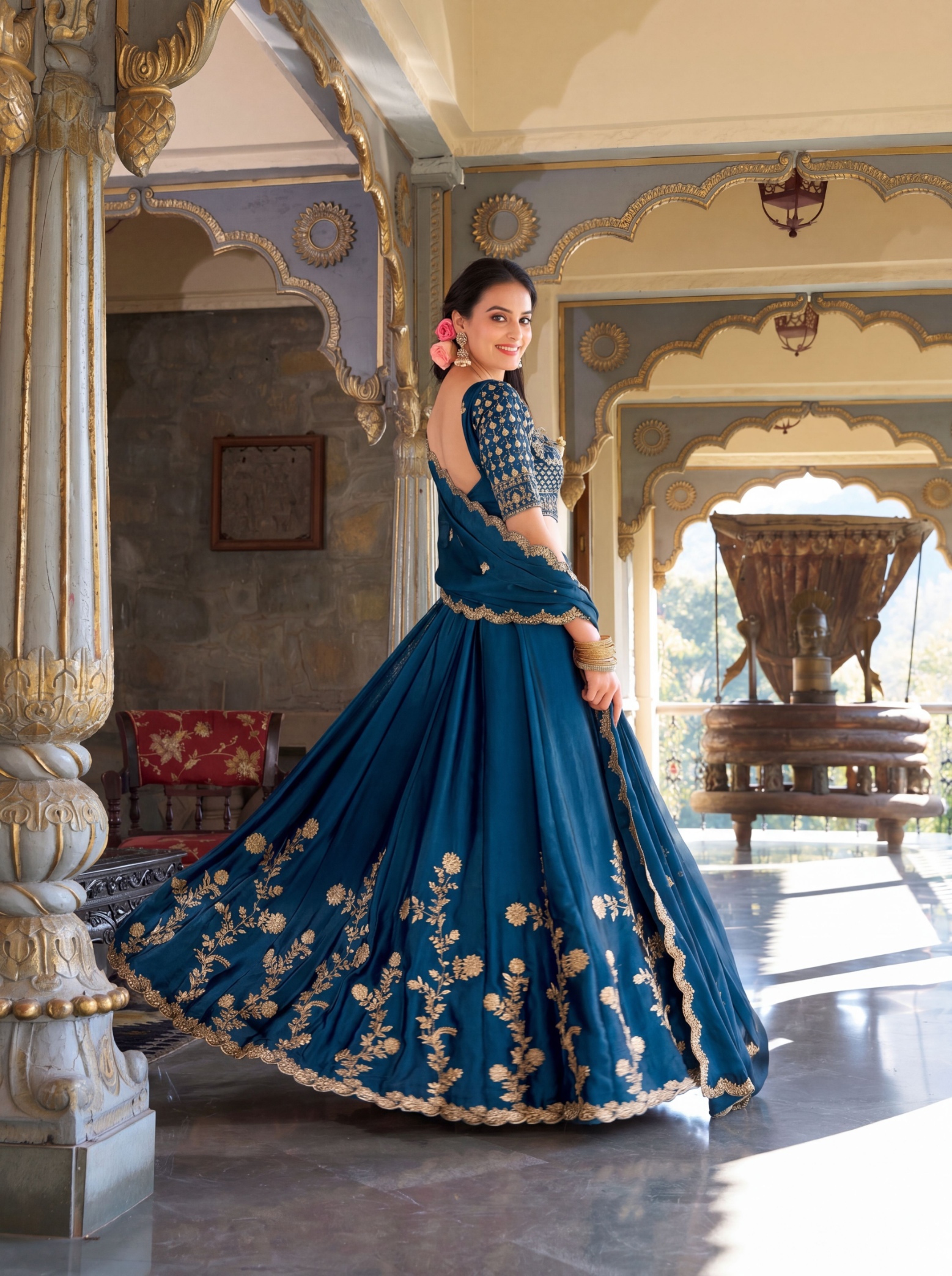Teal Blue Floral Zari Work Rangoli Silk Lehenga Choli — alternate view