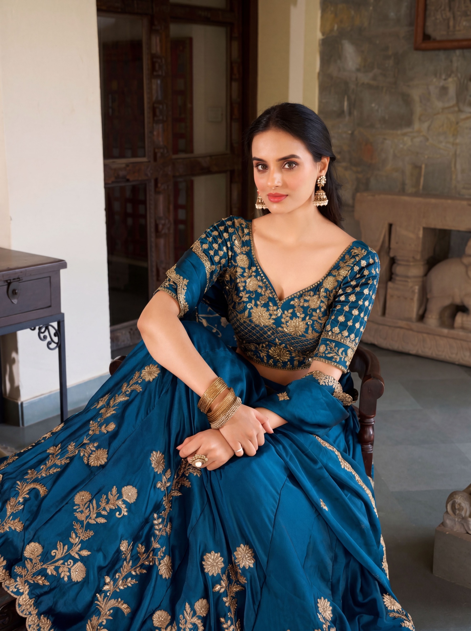 Teal Blue Floral Zari Work Rangoli Silk Lehenga Choli