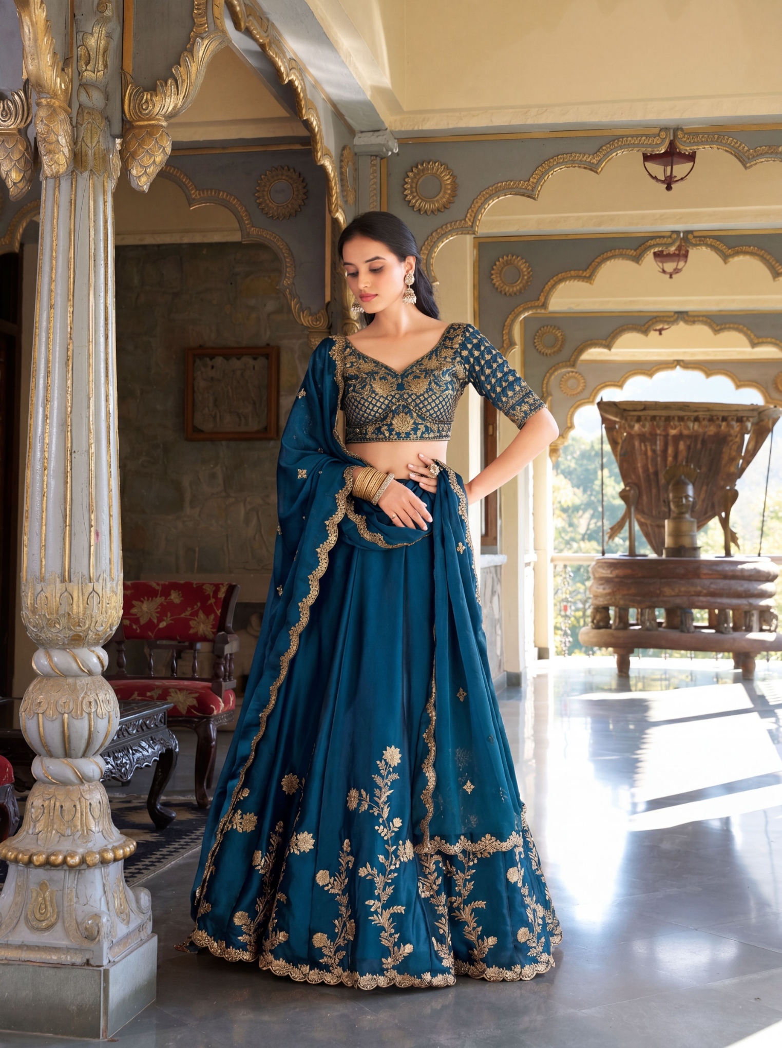 Teal Blue Floral Zari Work Rangoli Silk Lehenga Choli