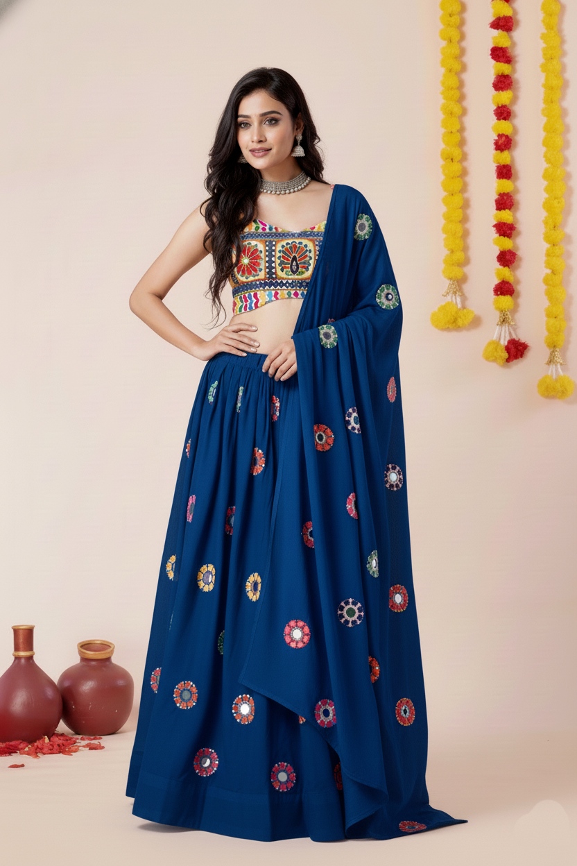 Teal Blue Geometric Thread Embroidery Rayon Umbrella Lehenga Choli