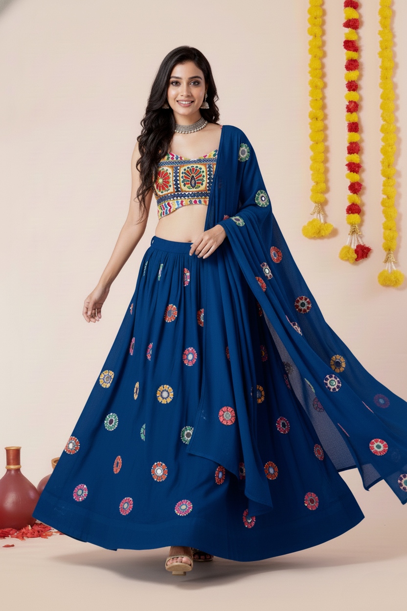 Teal Blue Geometric Thread Embroidery Rayon Umbrella Lehenga Choli — alternate view
