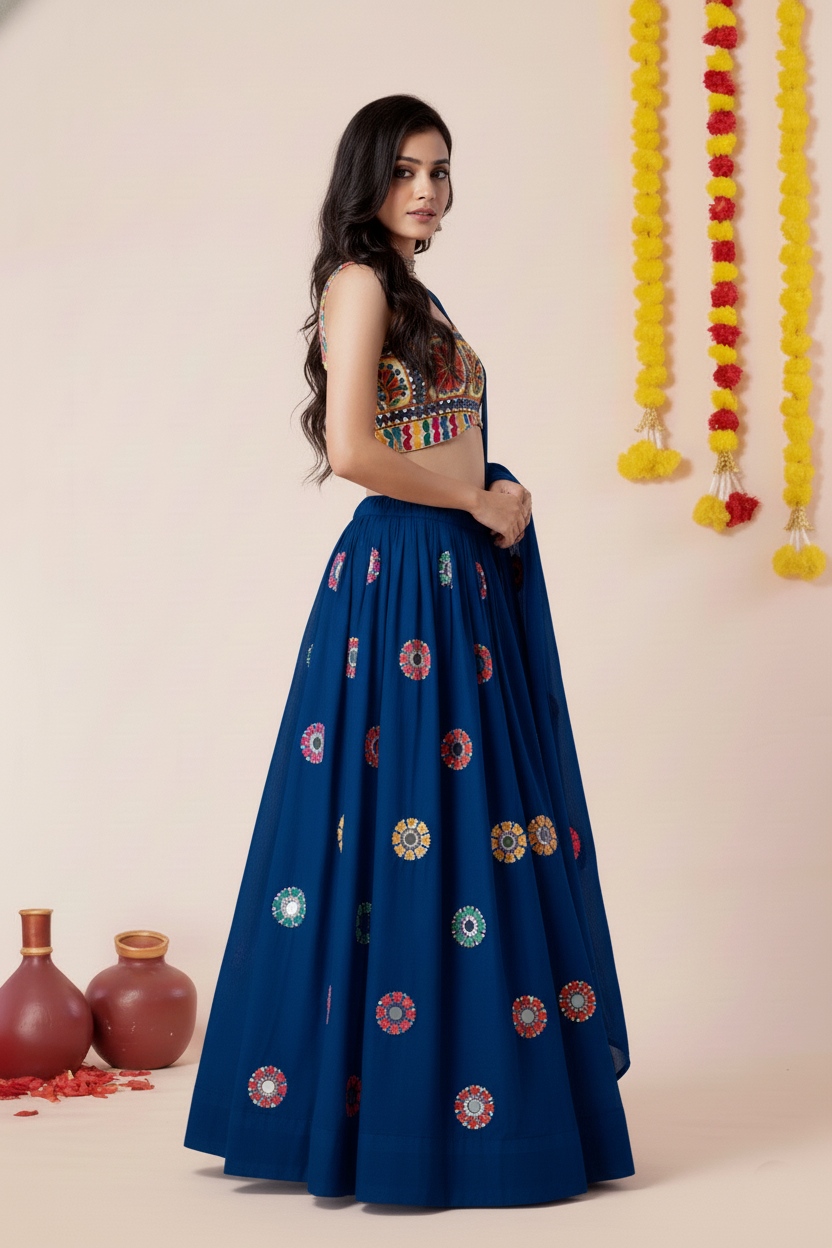 Teal Blue Geometric Thread Embroidery Rayon Umbrella Lehenga Choli