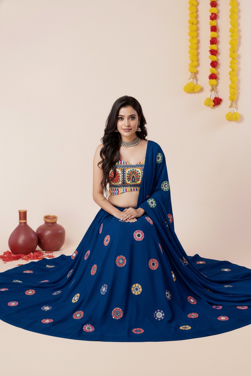 Teal Blue Geometric Thread Embroidery Rayon Umbrella Lehenga Choli