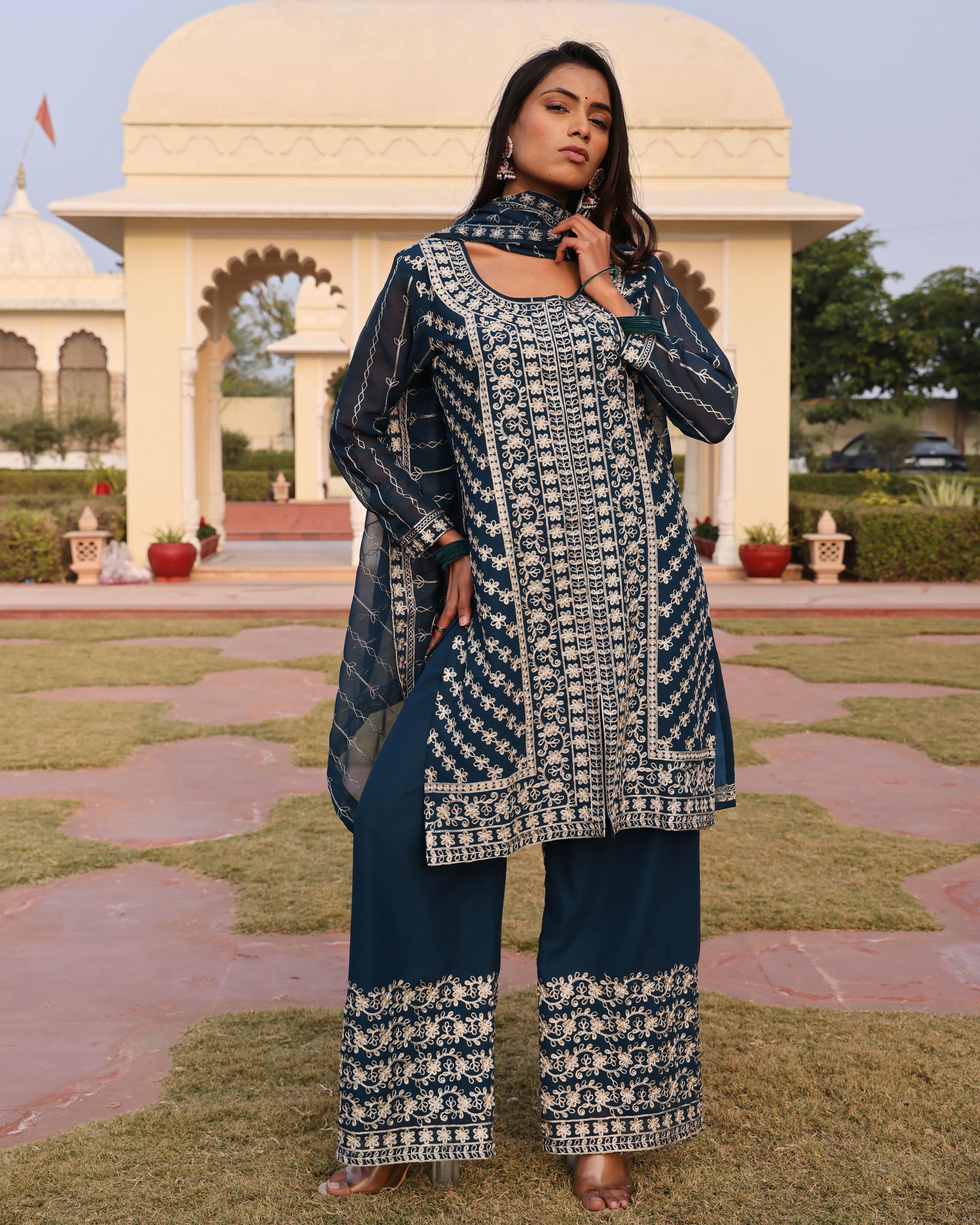 Teal Blue Georgette Embroidered Readymade Suit