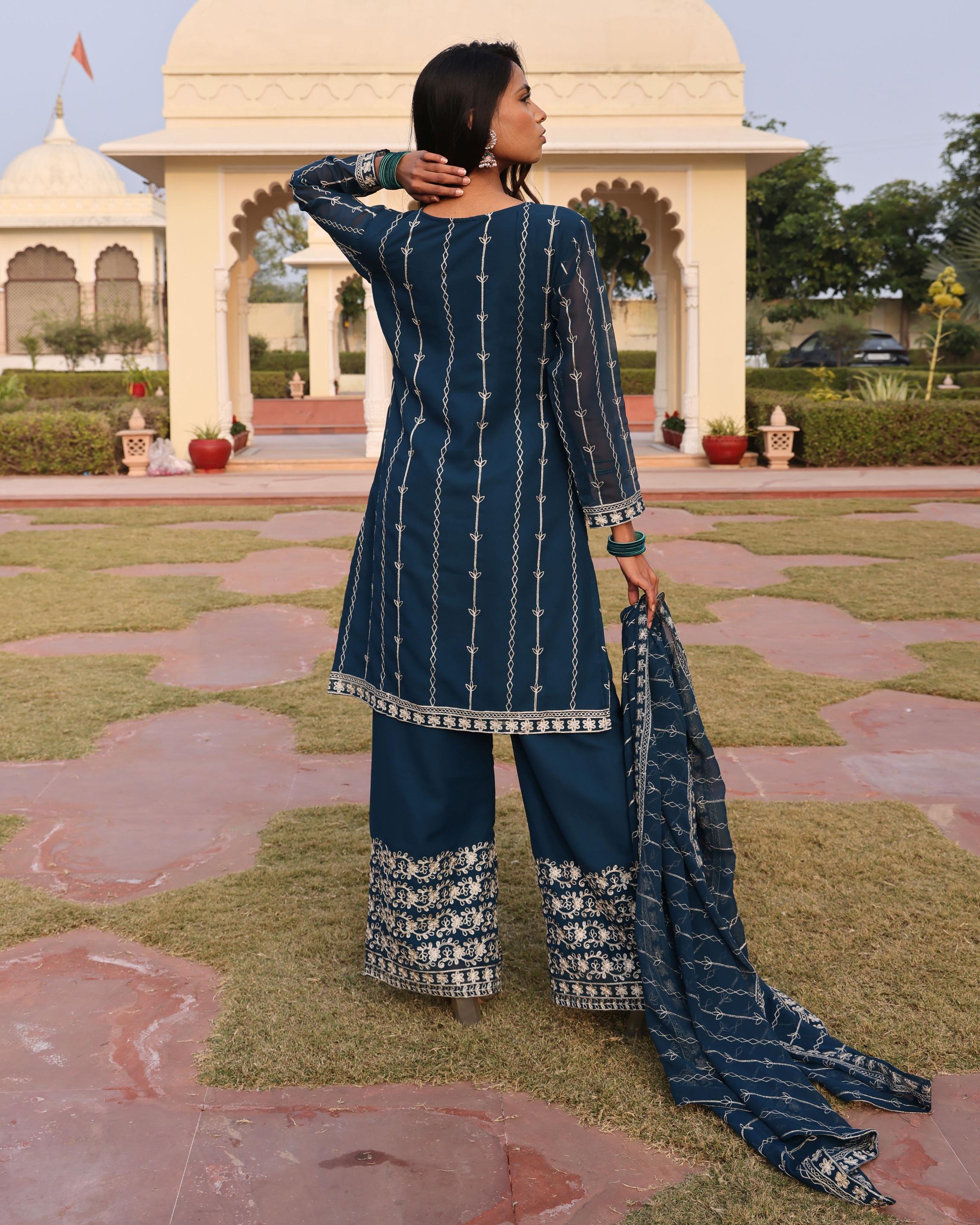 Teal Blue Georgette Embroidered Readymade Suit — alternate view