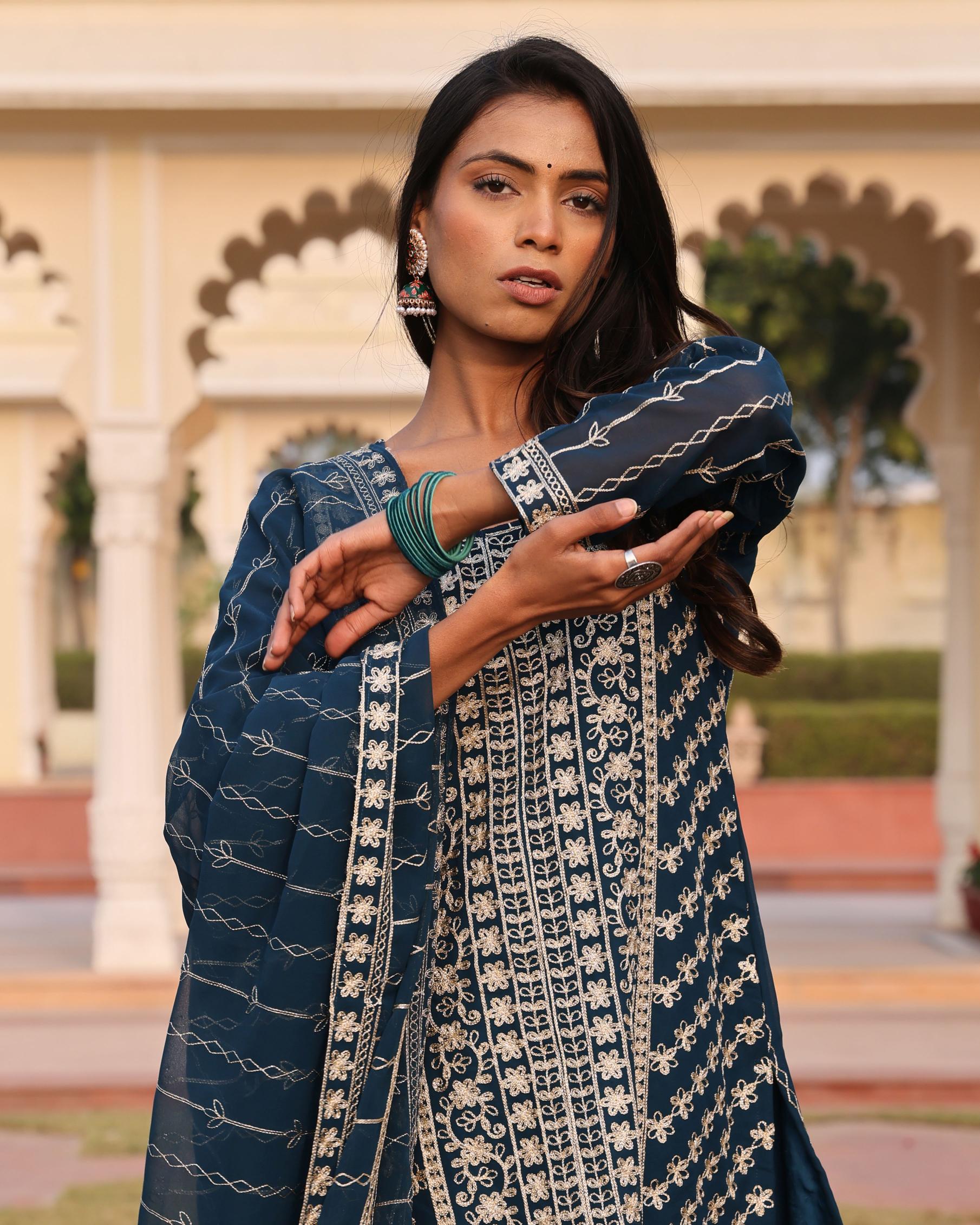 Teal Blue Georgette Embroidered Readymade Suit