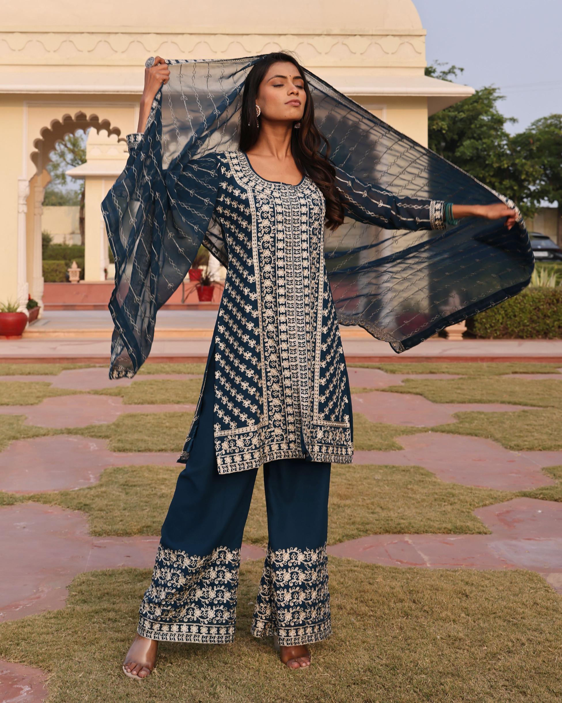 Teal Blue Georgette Embroidered Readymade Suit