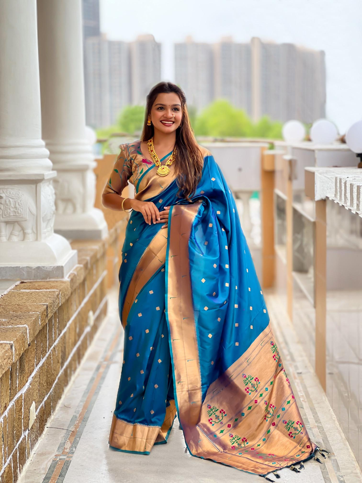 Teal Blue Gold Paithani Silk Saree