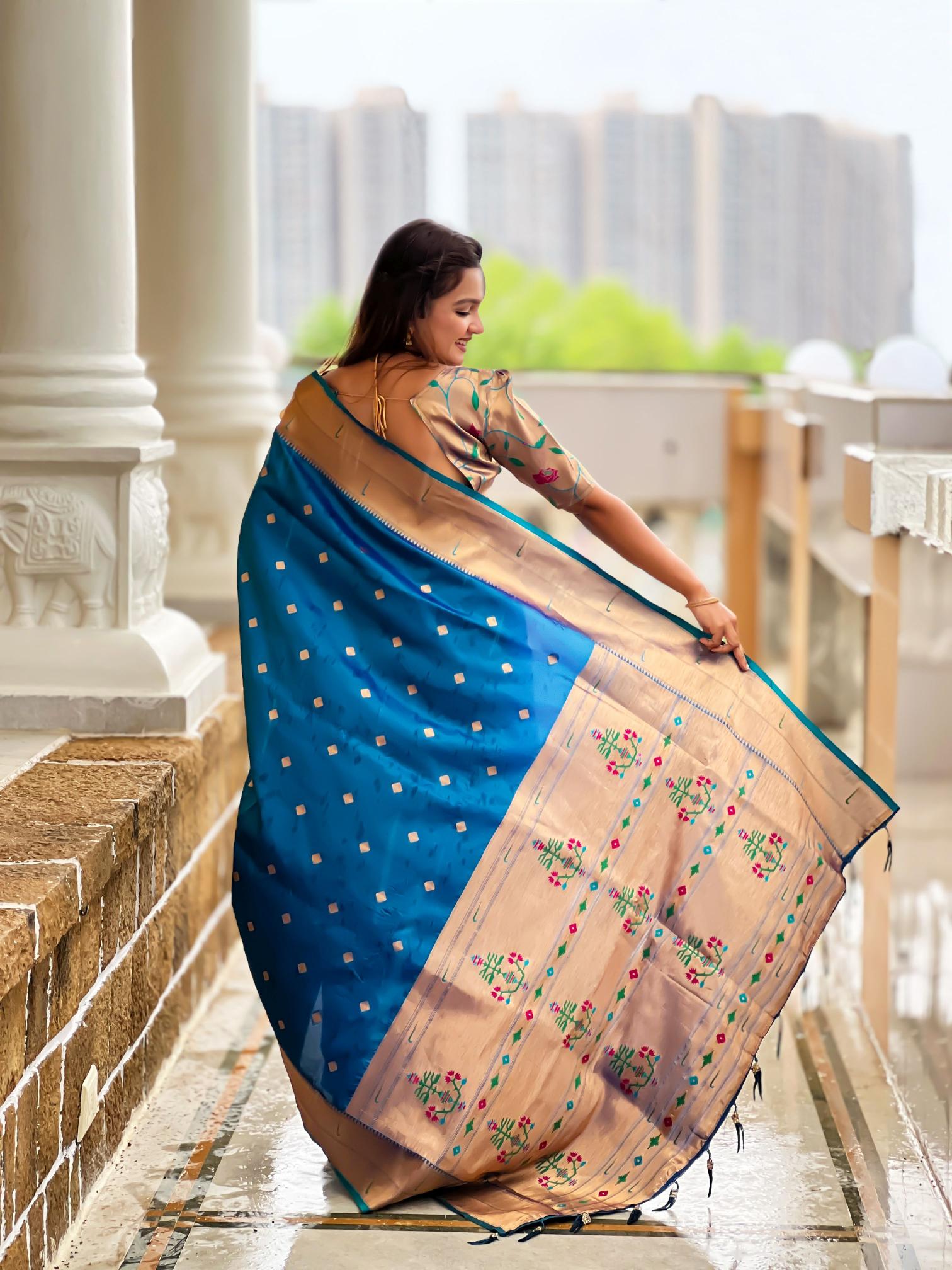 Teal Blue Gold Paithani Silk Saree — alternate view