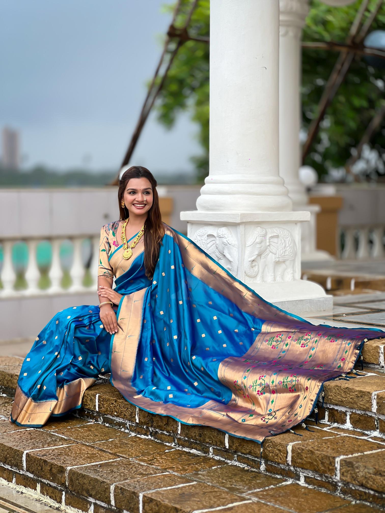 Teal Blue Gold Paithani Silk Saree