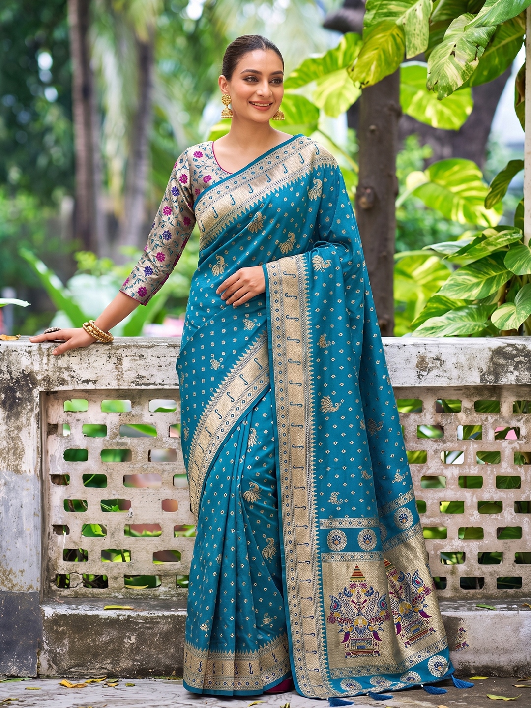 Teal Blue Heritage Woven Silk Saree