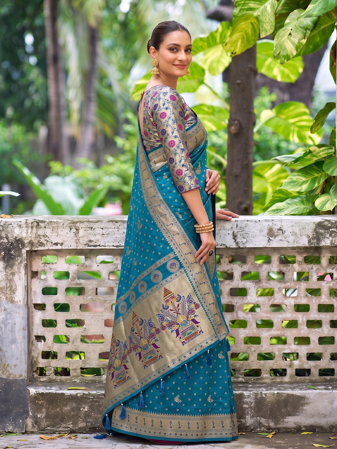 Teal Blue Heritage Woven Silk Saree