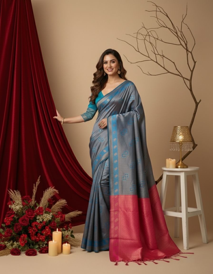 Teal Blue Heritage Zari Silk Contrast Border Saree