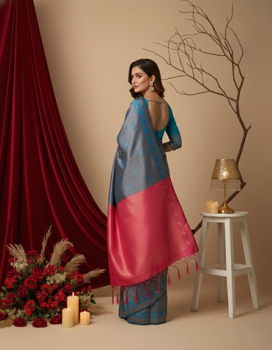 Teal Blue Heritage Zari Silk Contrast Border Saree — alternate view