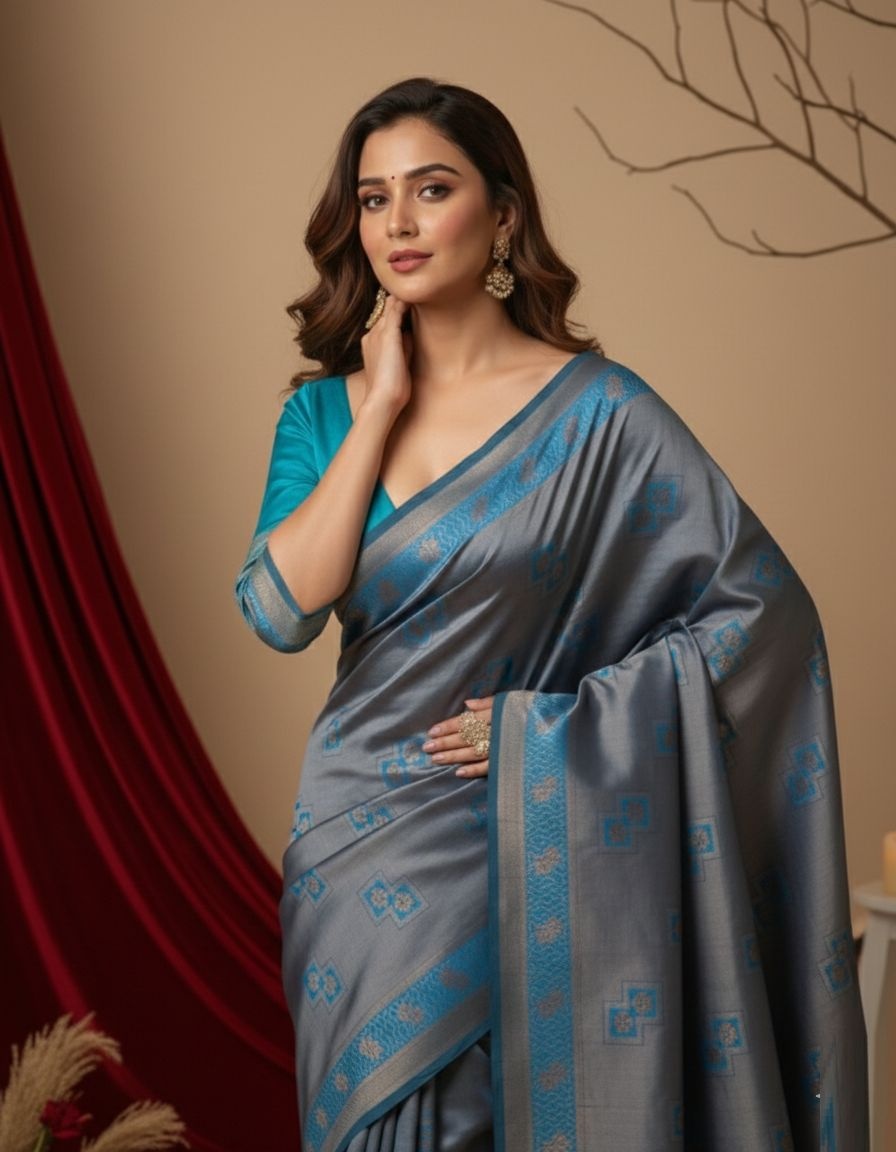 Teal Blue Heritage Zari Silk Contrast Border Saree